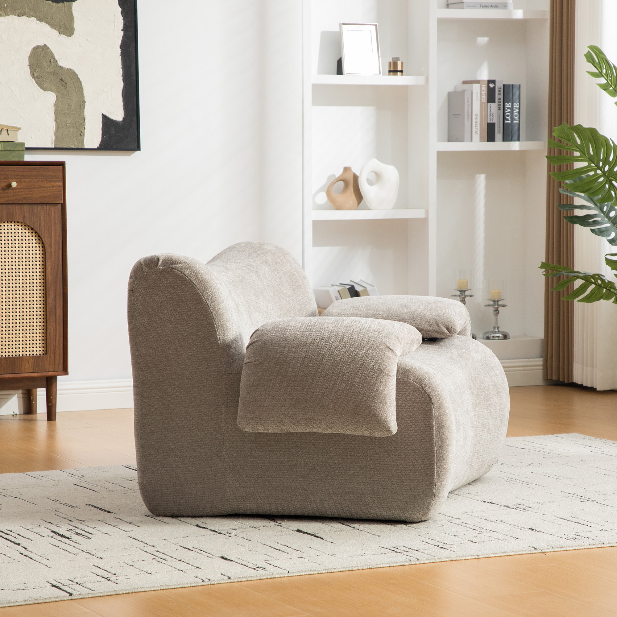 Canapé modulable en tissu Chenille gris avec rangement intégré, design contemporain pour salon moderne