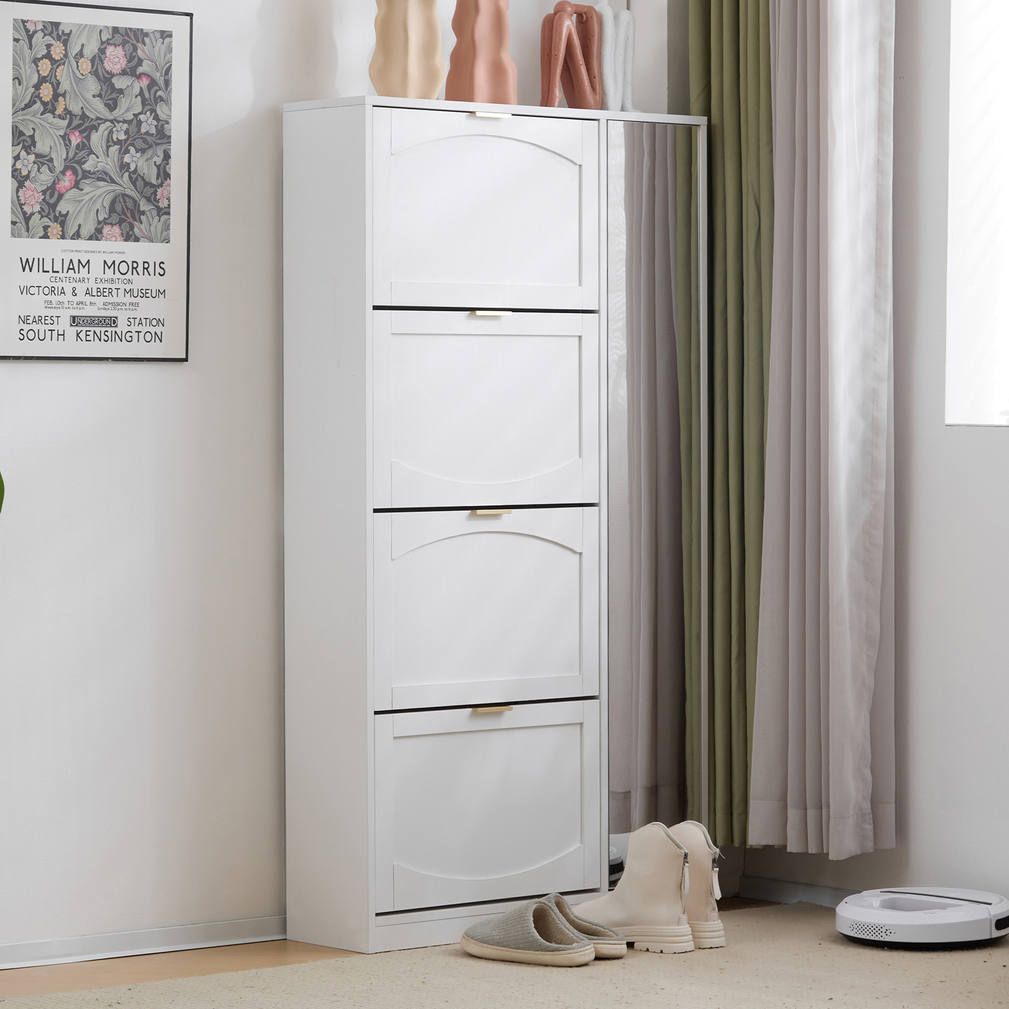 Meuble à chaussures avec miroir 80x24x147 cm, 4 tiroirs coulissants et étagère réglable, rangement entrée moderne blanc
