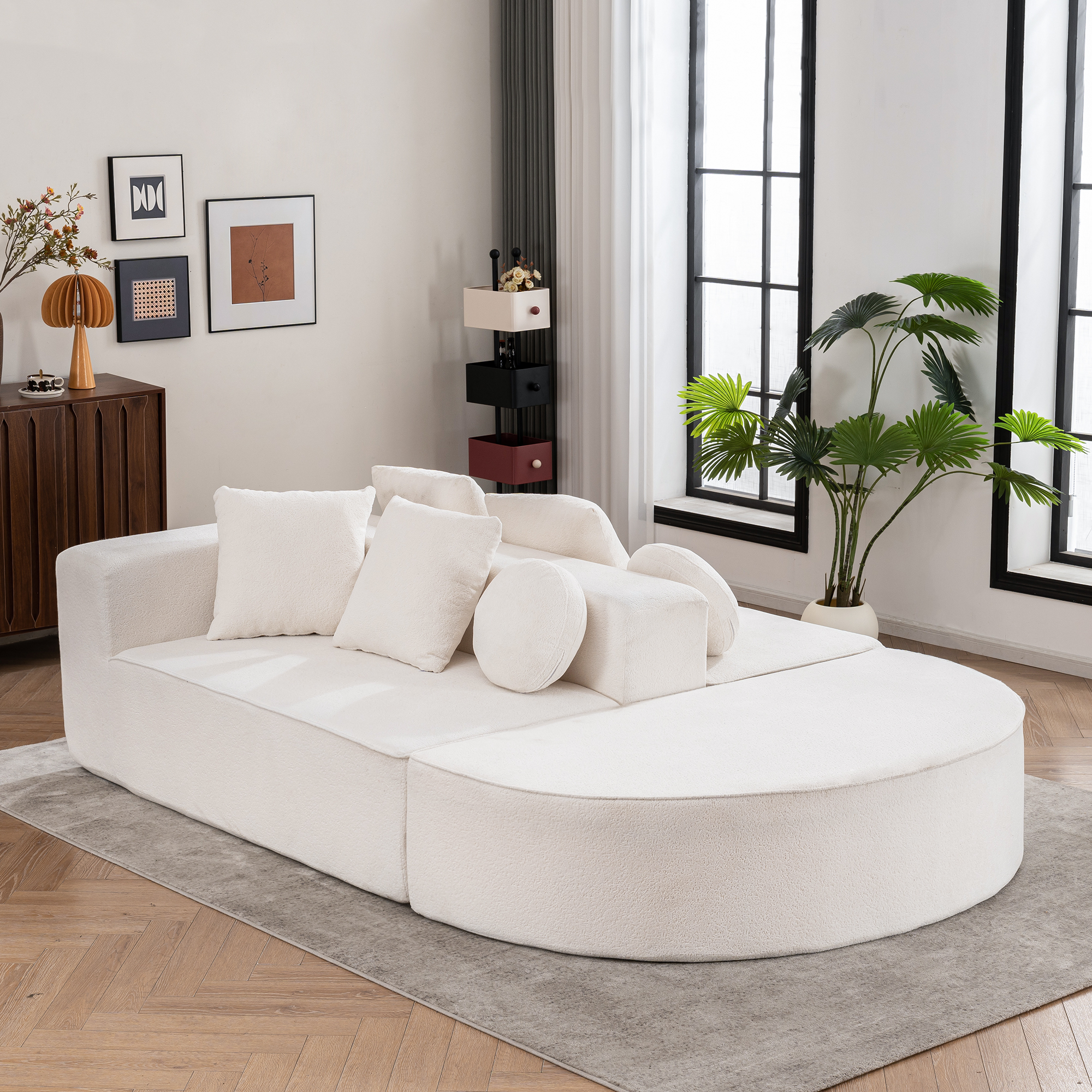 Canapé Modulable en Tissu Chenille Blanc, Structure Mousse Haute Densité Segmentée, Design Moderne 263x171cm Avec Rangements