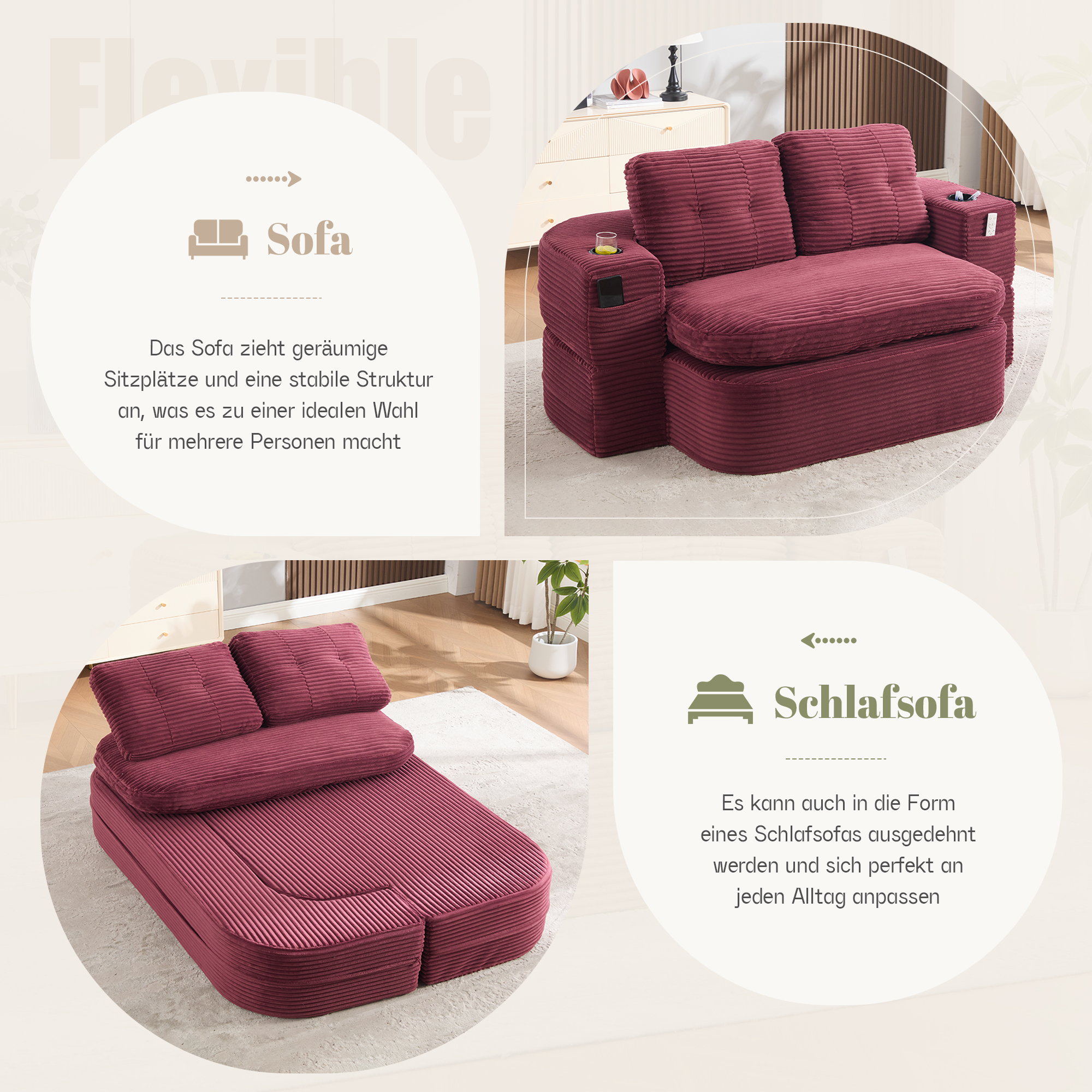 Canapé 2 places en velours côtelé bordeaux avec assise extra profonde, dossier haut et rangement latéral