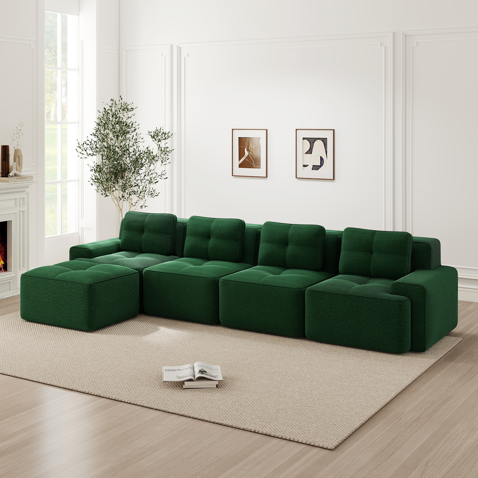 Méridienne Canapé Modulable en Velours Côtelé Vert, Structure Sans Pieds Antidérapante, Dimensions 382x177x69 cm pour Grand Salon