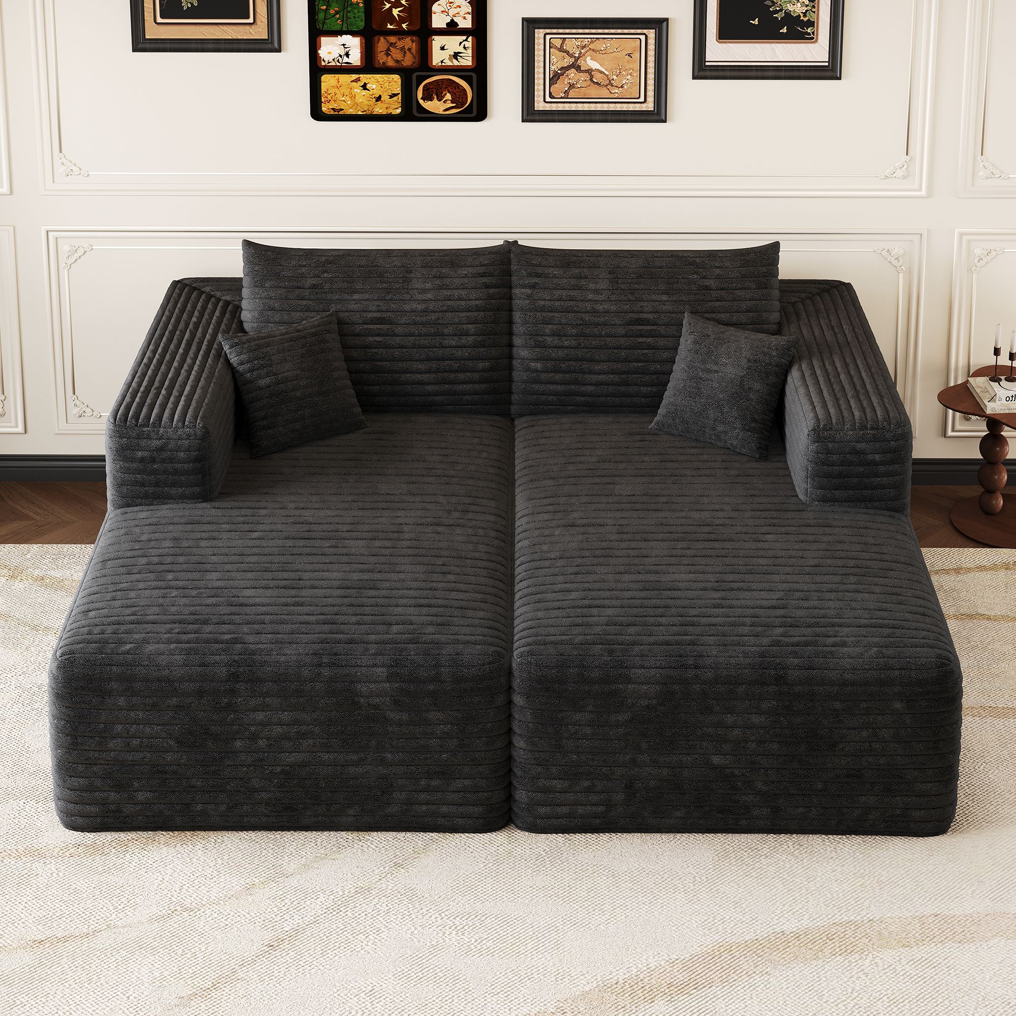 Canapé d'angle noir velours côtelé 180x151 cm, sofa modulable sans assemblage, style minimaliste pour petit espace