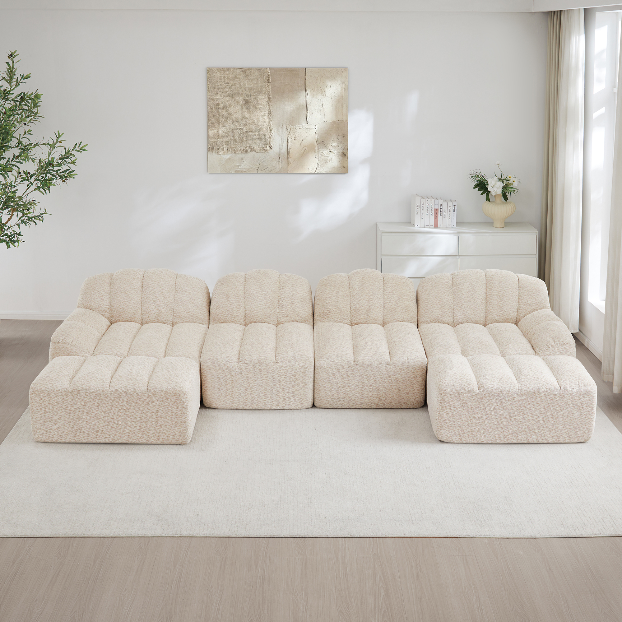 Canapé Modulable 4 Places En Forme De U Avec 2 Ottomans, Tissu Granuleux Beige Blanc, Design Sans Dossier Pour Salon Moderne