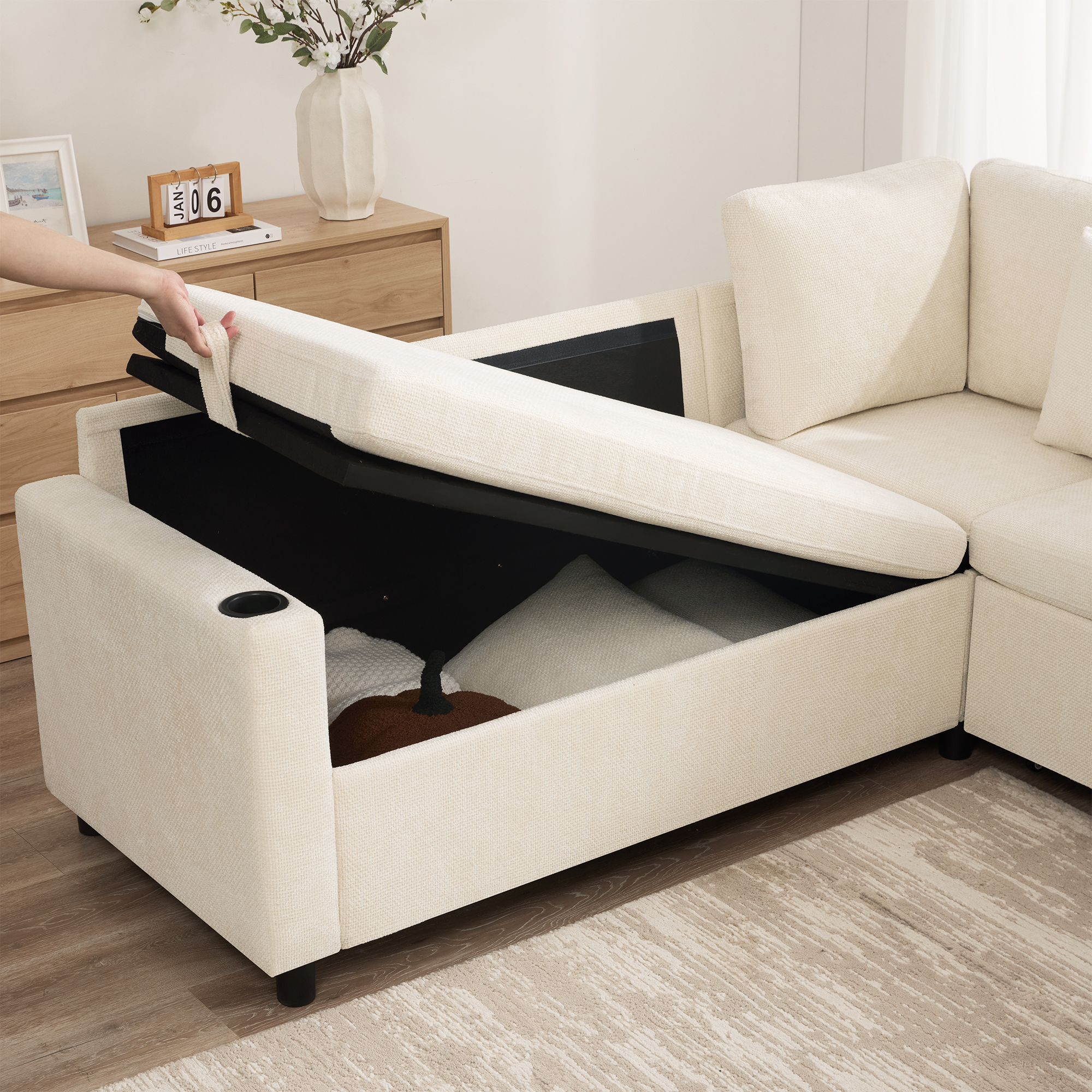 Rangement sous la méridienne et hocker modulable
