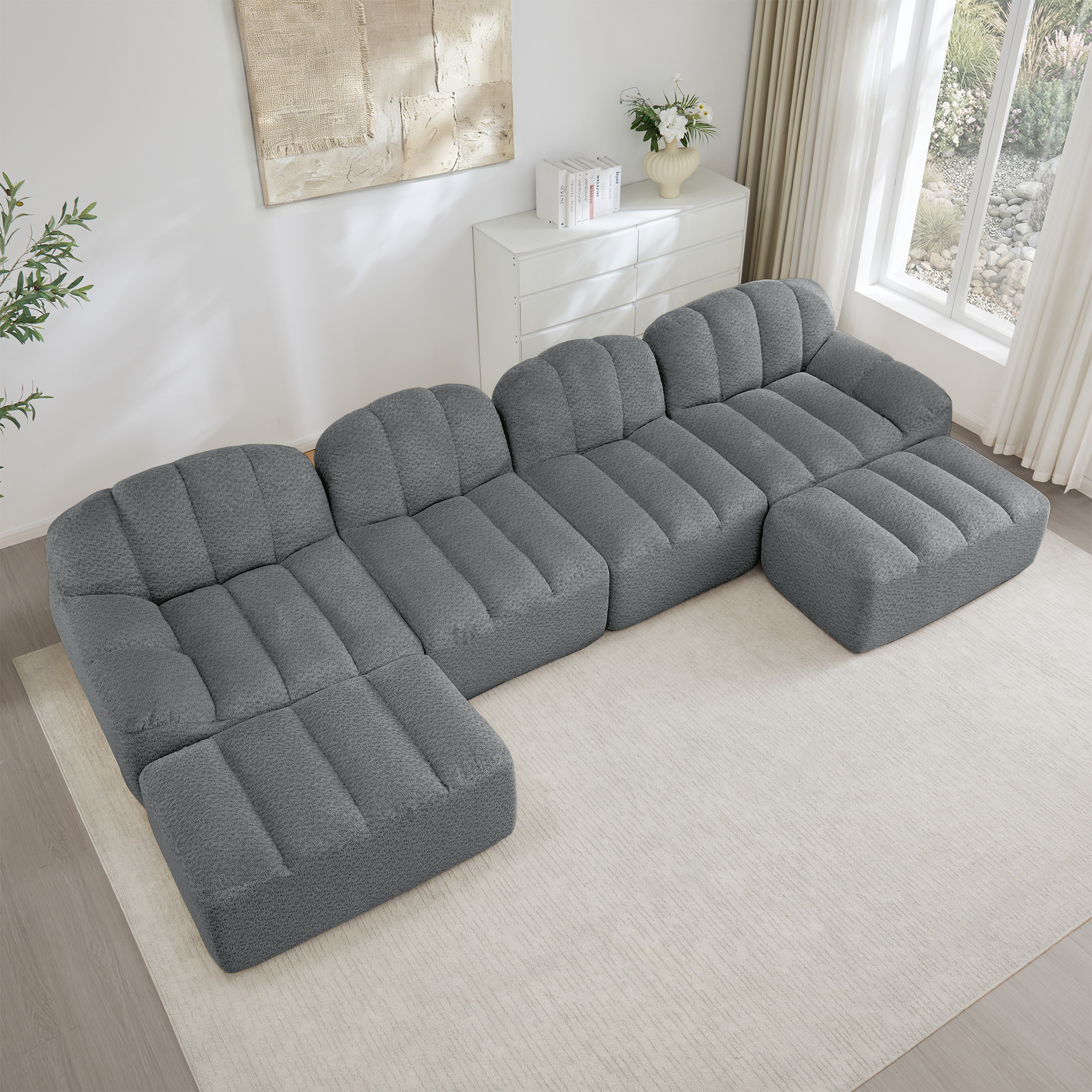 Canapé modulable panoramique en U 4 places, revêtement tissu polaire granuleux gris, structure sans dossier ergonomique et profonde