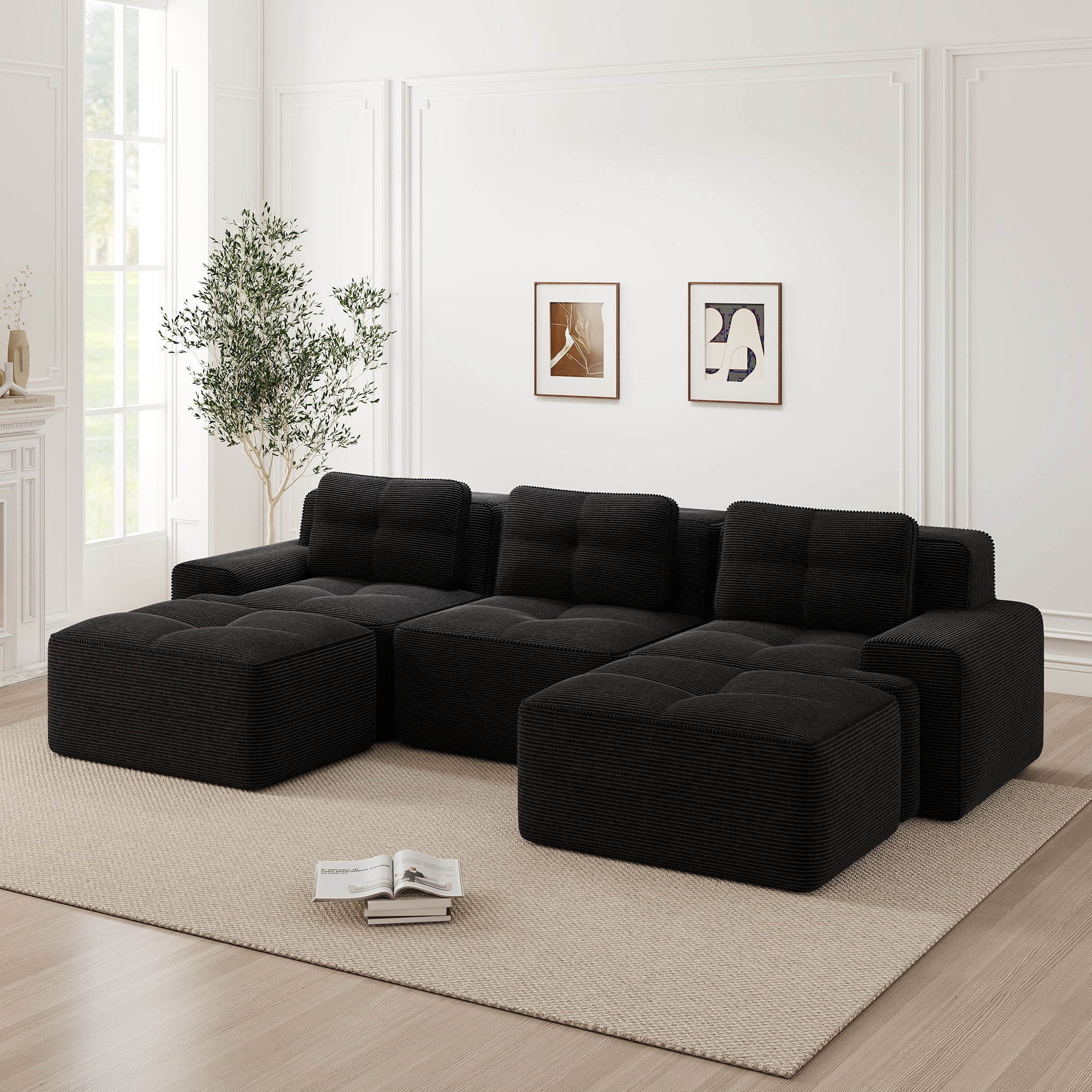 Canapé Modulable 3 Places Noir, Canapé Panoramique En U Avec Ottoman, Revêtement Côtelé, Design Sans Pieds Pour Salon Moderne