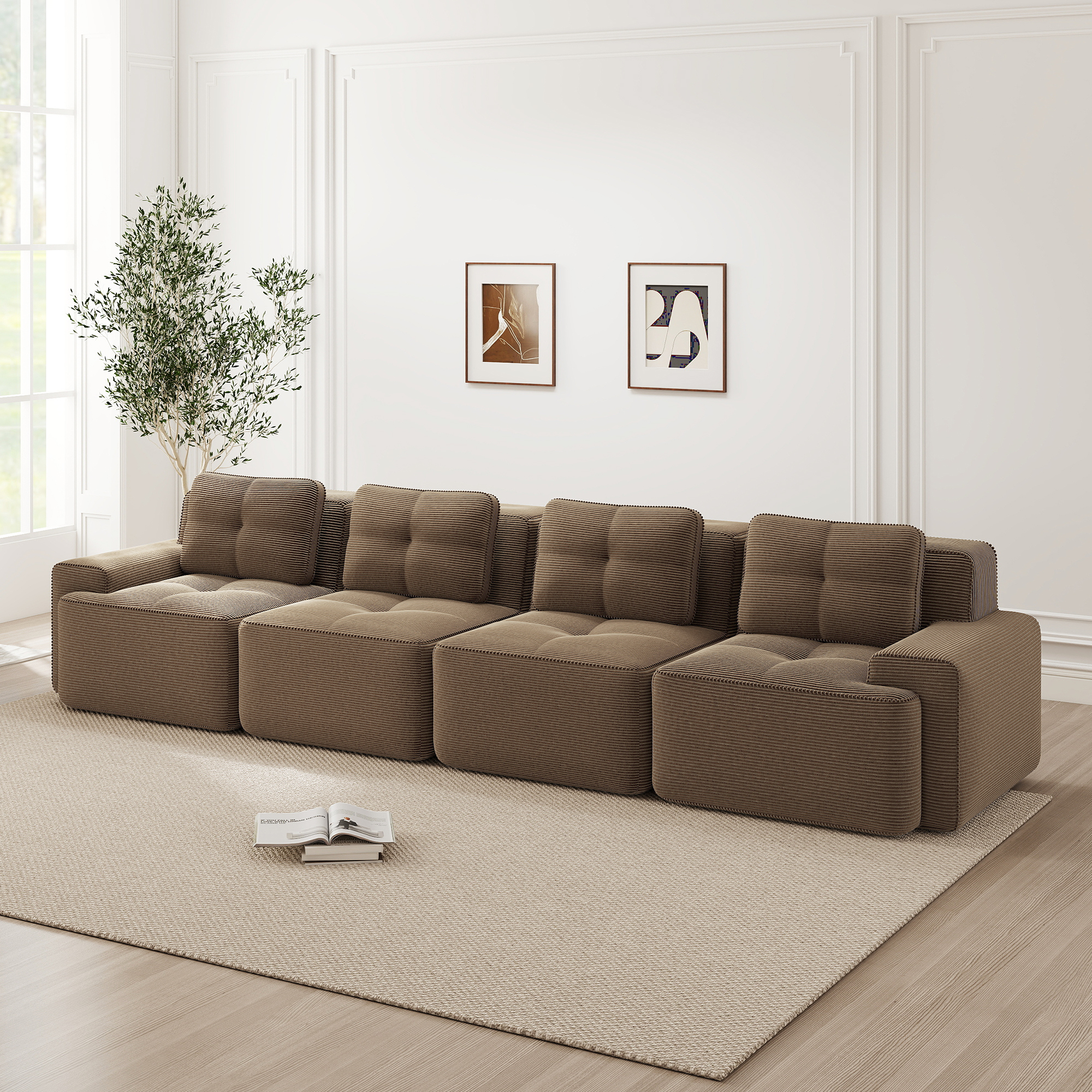 Canapé Droit Modulable Tissu Velours Côtelé Marron, Structure Stable avec Revêtement Résistant aux Griffes, Dimensions 382x104x69 cm