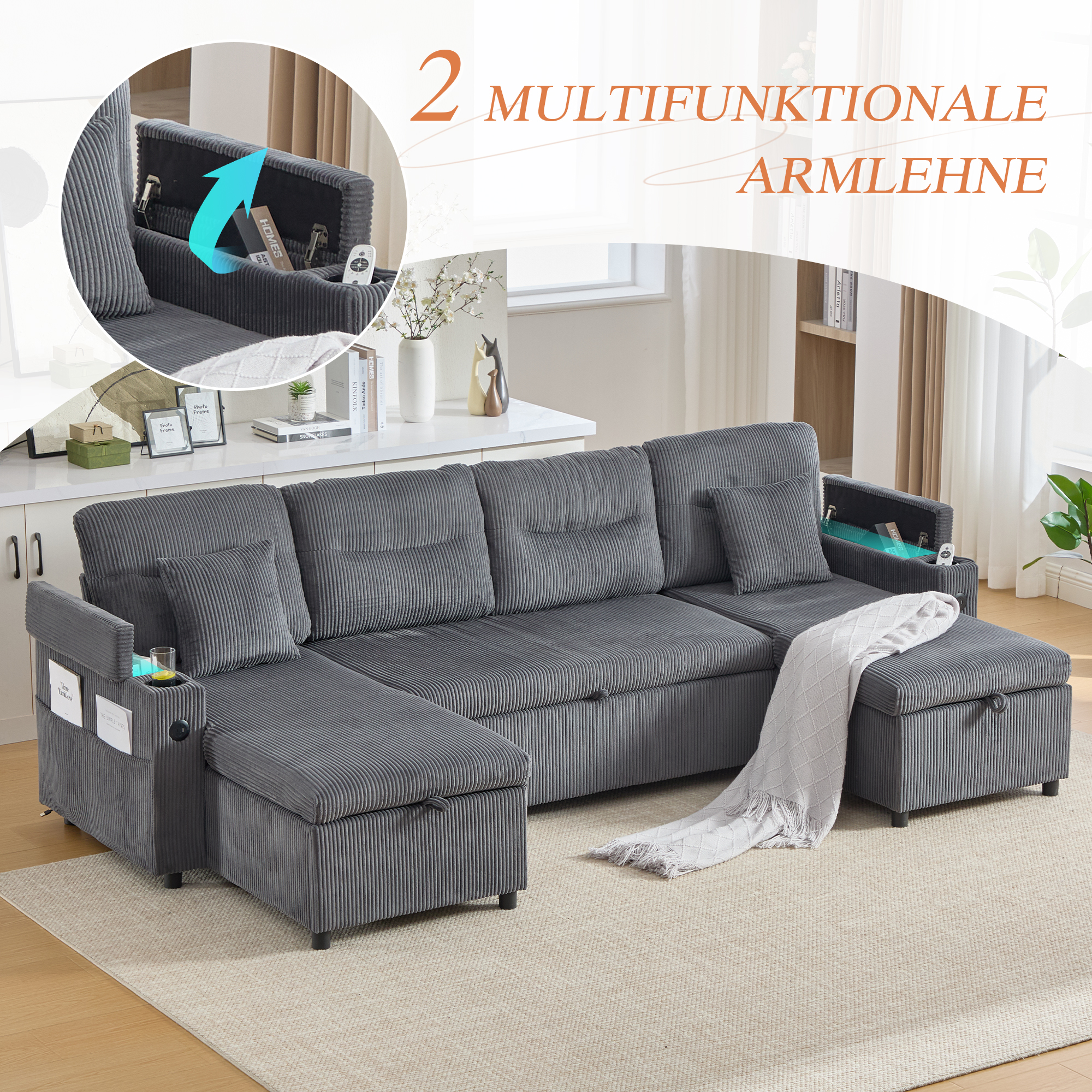Canapé convertible 4 places en velours côtelé gris carbone avec structure stable et coffre intégré