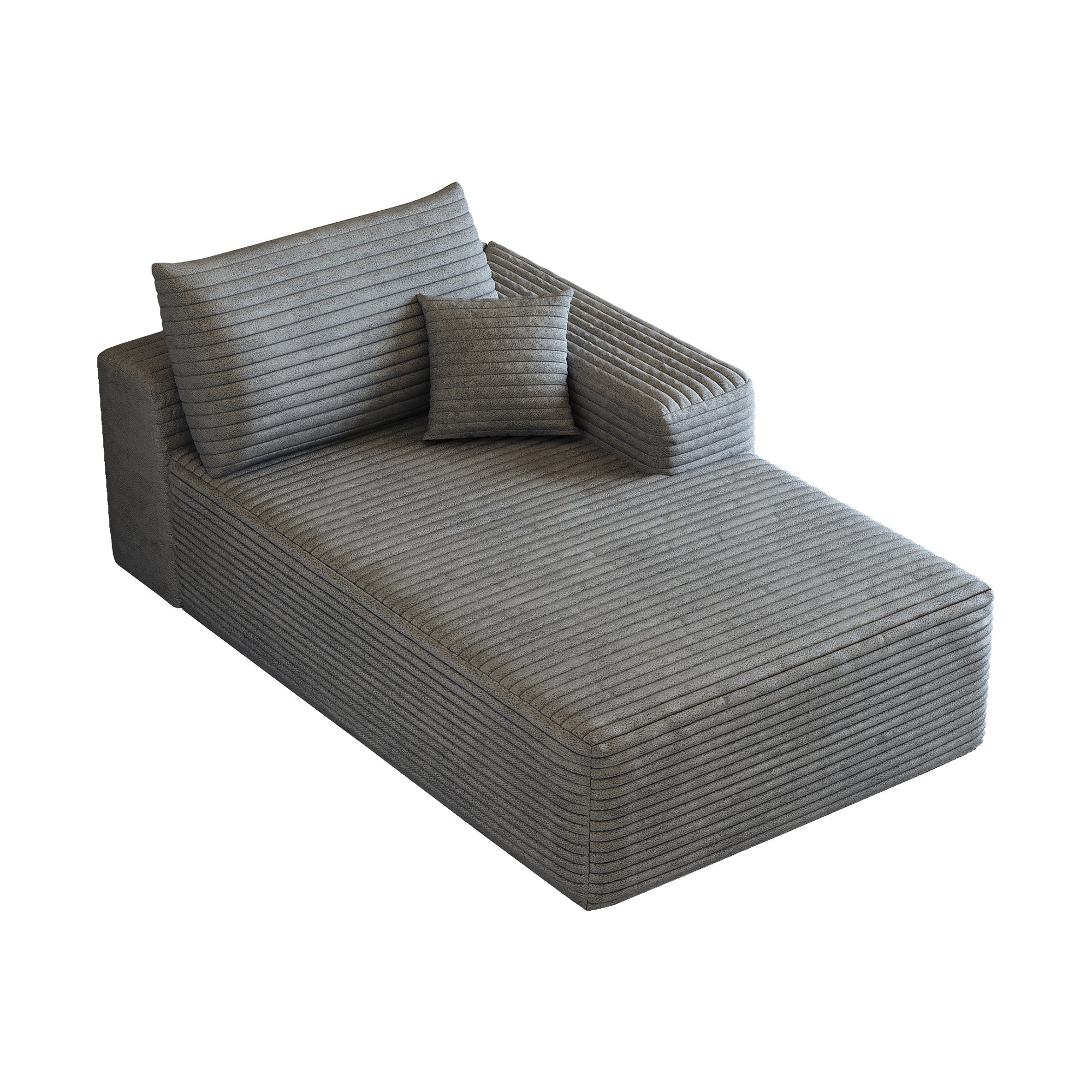 Canapé droit gris en velours côtelé avec chaise longue réversible, structure modulaire sans montage, dimensions 175x95x83 cm pour un confort immédiat dans le salon.