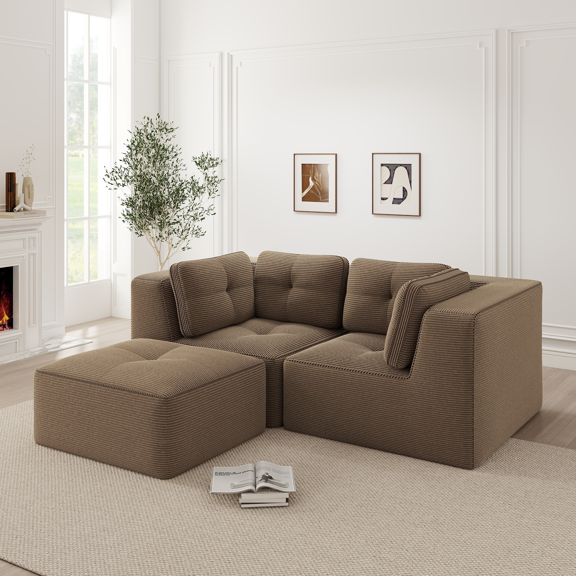 Canapé d'angle modulable avec repose-pieds mobile et design sans dossier, facile à assembler et adapté aux petits espaces