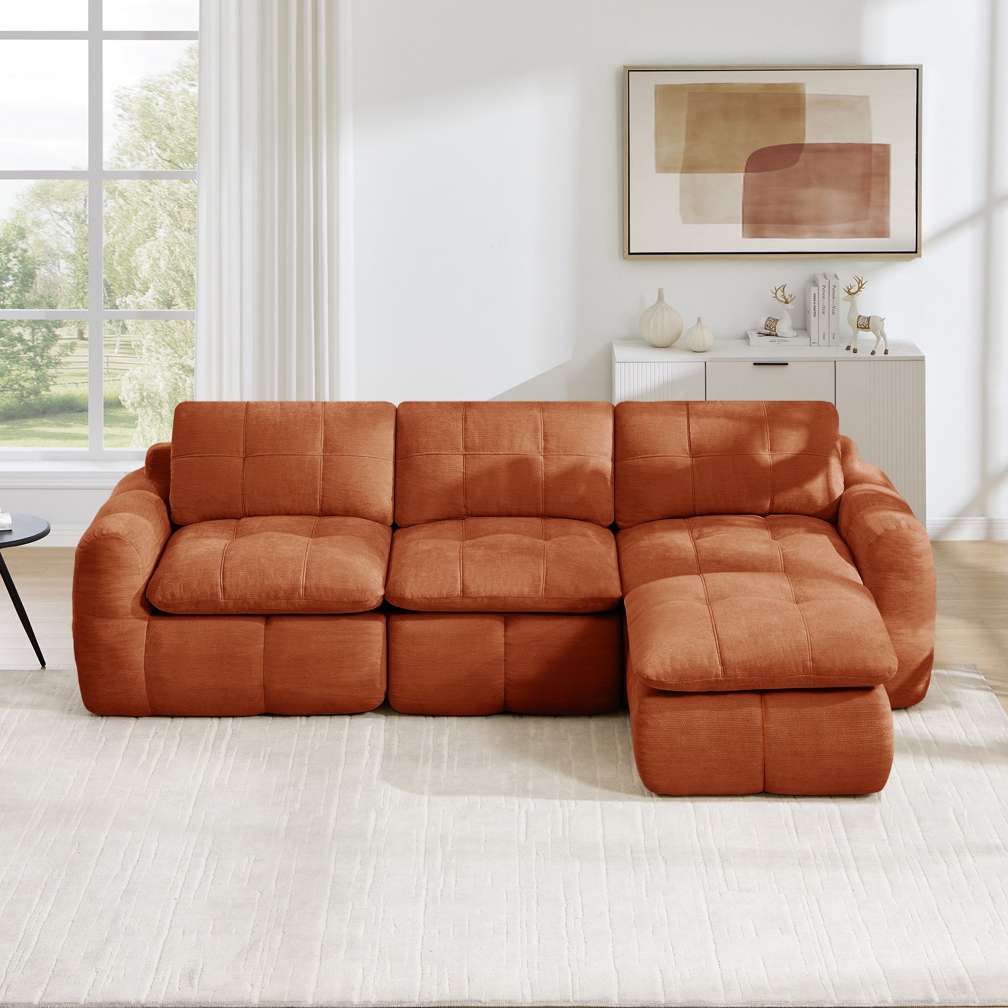 Grand canapé d'angle 264x160x68 cm, capacité 750 kg, 3 places + ottoman inclus, livraison en 4 colis, format spacieux pour famille