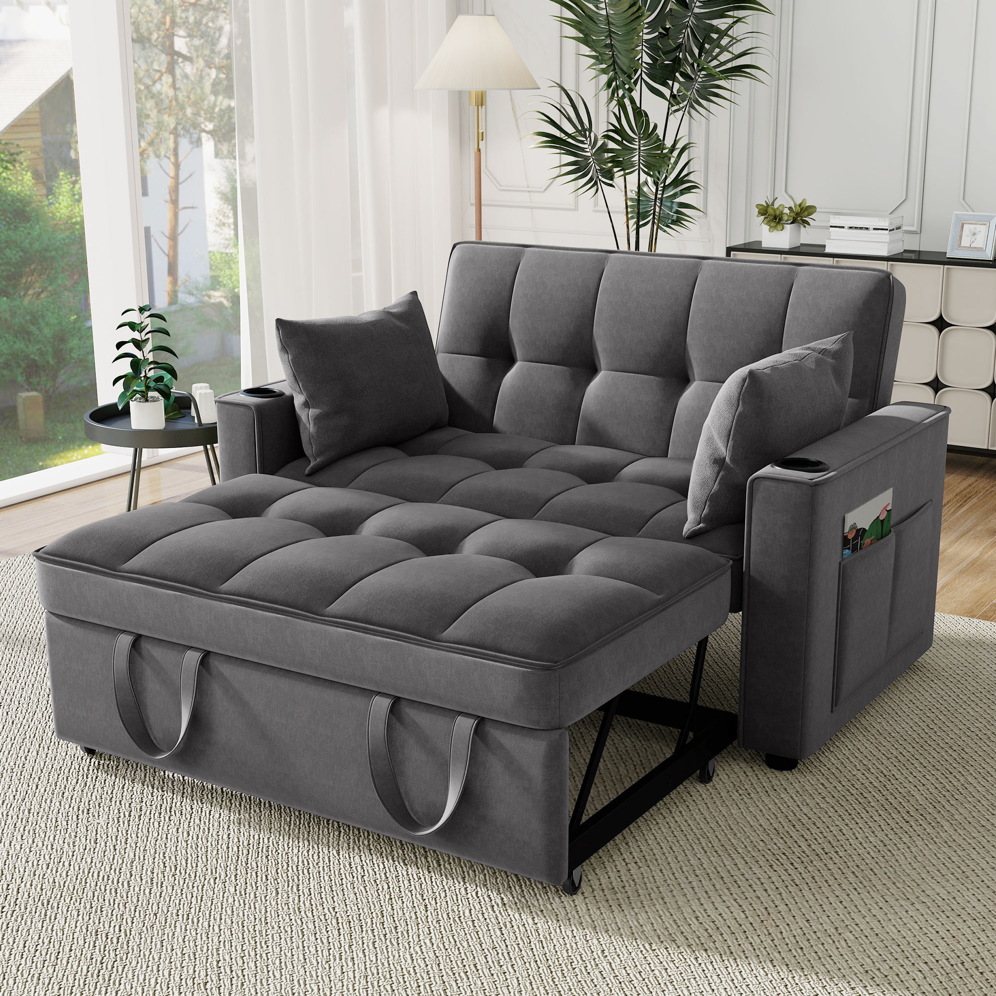 Canapé-lit convertible en velours gris 137x163 cm avec dossier réglable et 2 coussins inclus