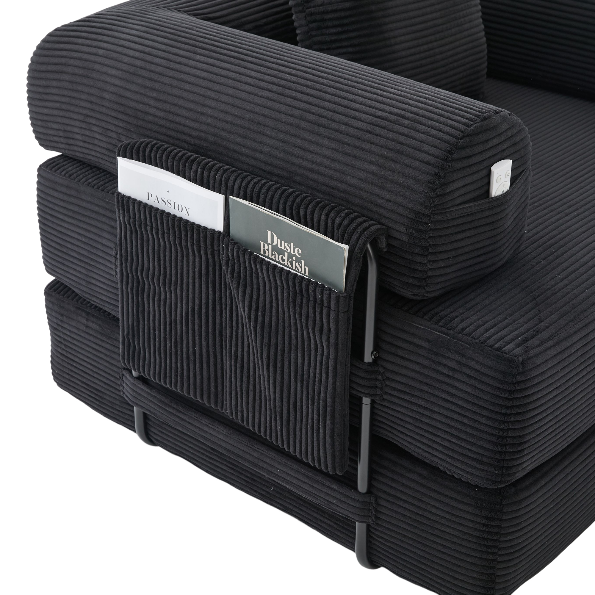 Canapé d'angle convertible modulable en velours côtelé noir avec hocker, poche latérale et 4 coussins
