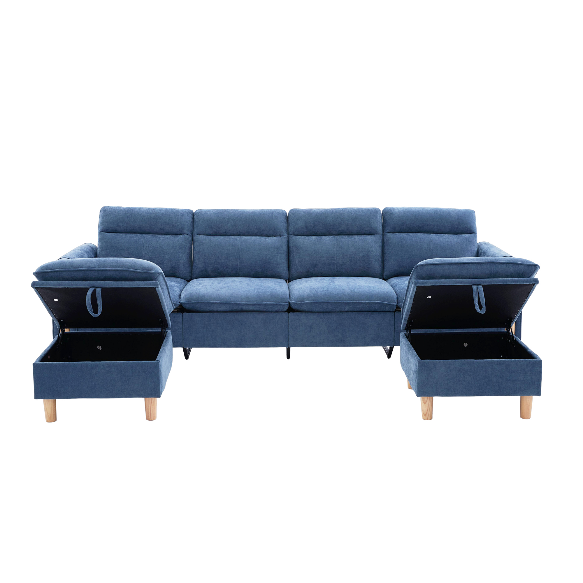 Canapé en U 4 places en chenille bleu avec 2 poufs et rangements intégrés pour le salon familial
