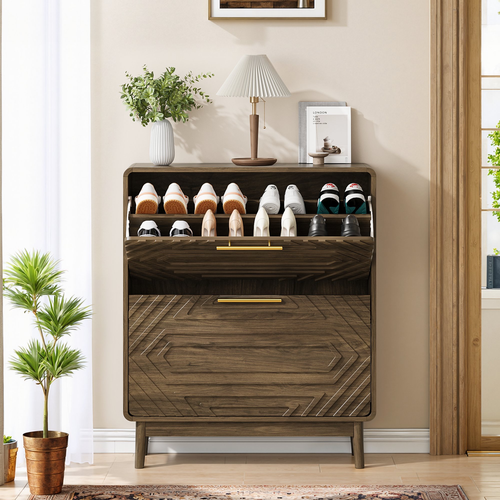 Meuble à chaussures 95x24x80 cm, Armoire entrée avec 2 portes abattantes et étagères réglables, Rangement couloir pratique