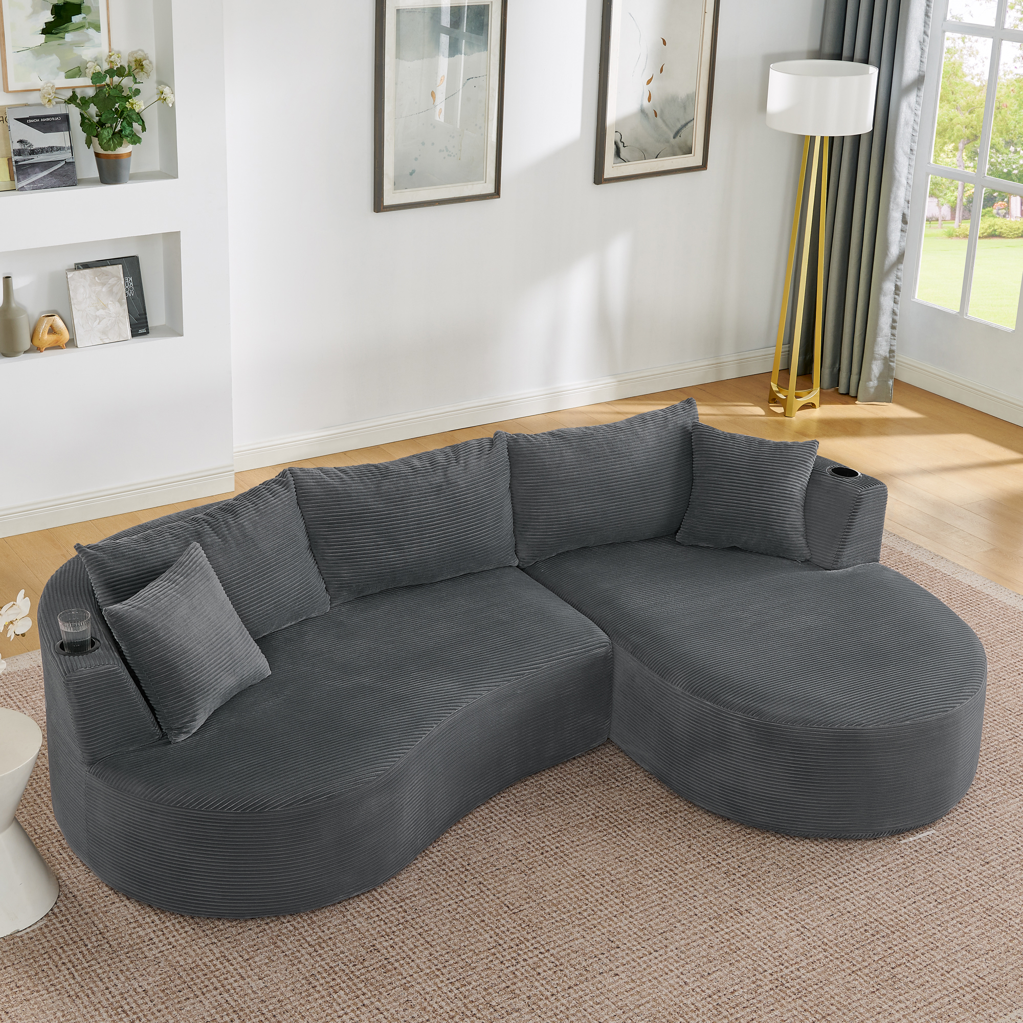 Méridienne Canapé Design Organique Gris Tissu Doux Avec Support Boissons Et Coussins Pour Appartement Hôtel Bureau