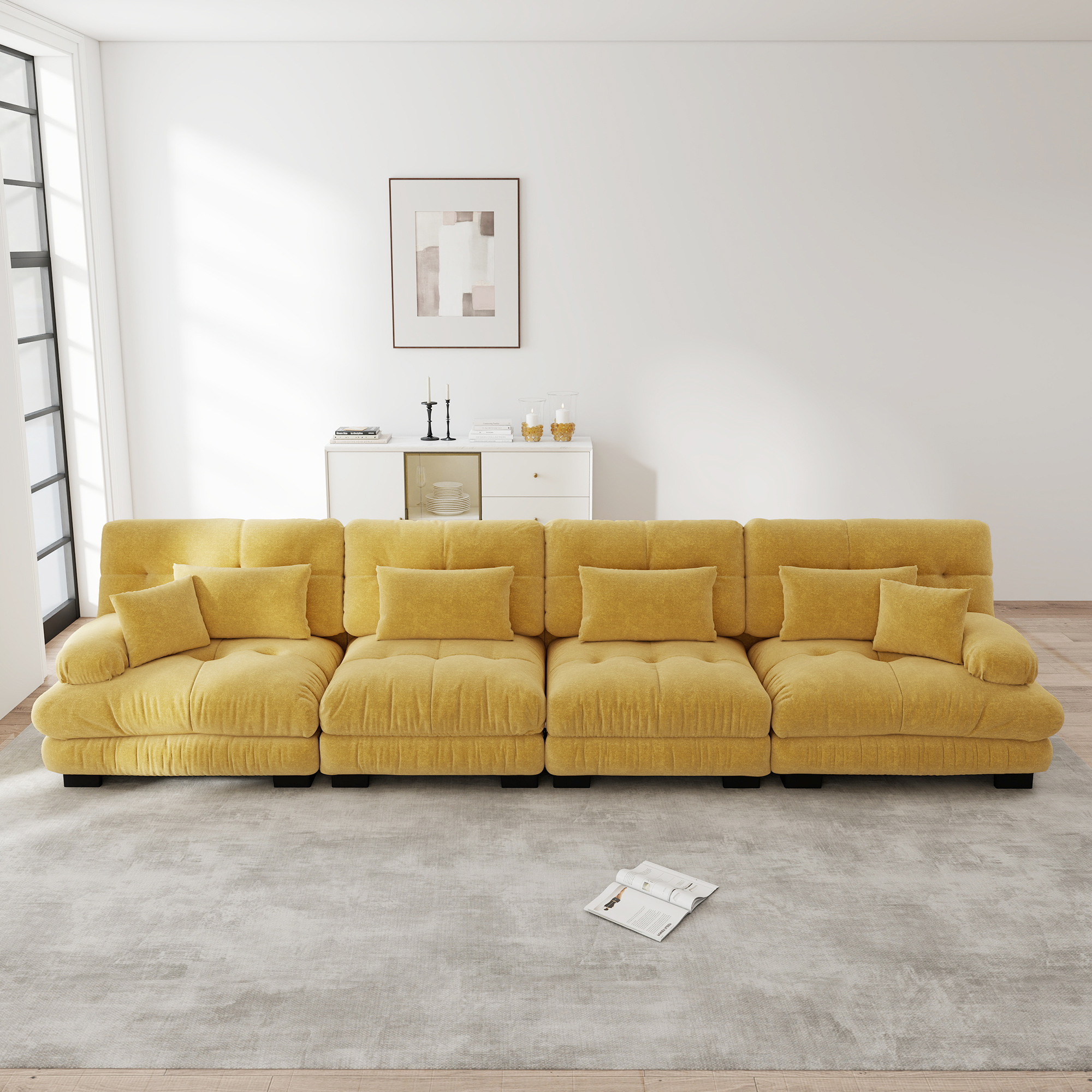 Canapé Modulable 4 Places Style Vintage Chic Chenille Jaune Profondeur Assise Confortable Salon Studio Appartement