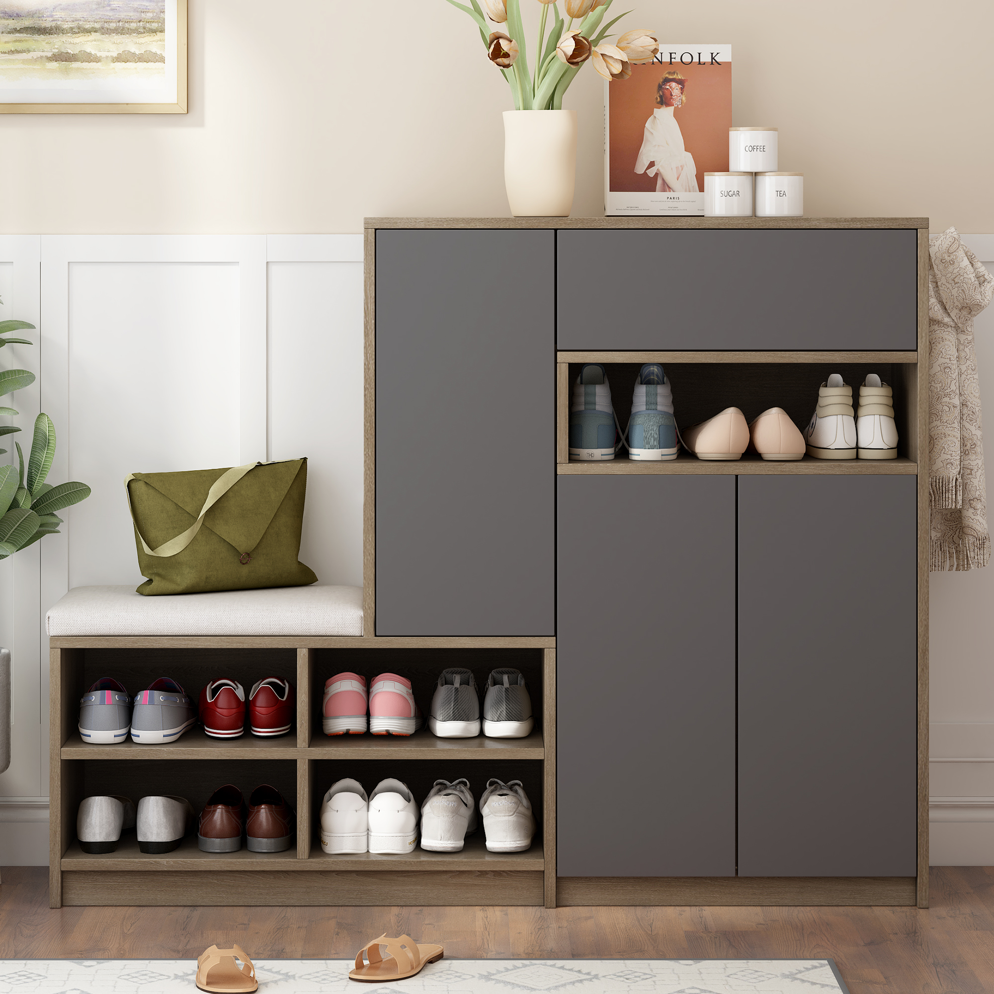 Banquette meuble à chaussures avec coussin confort et portes sans poignée, capacité 20 paires, rangement flexible gris