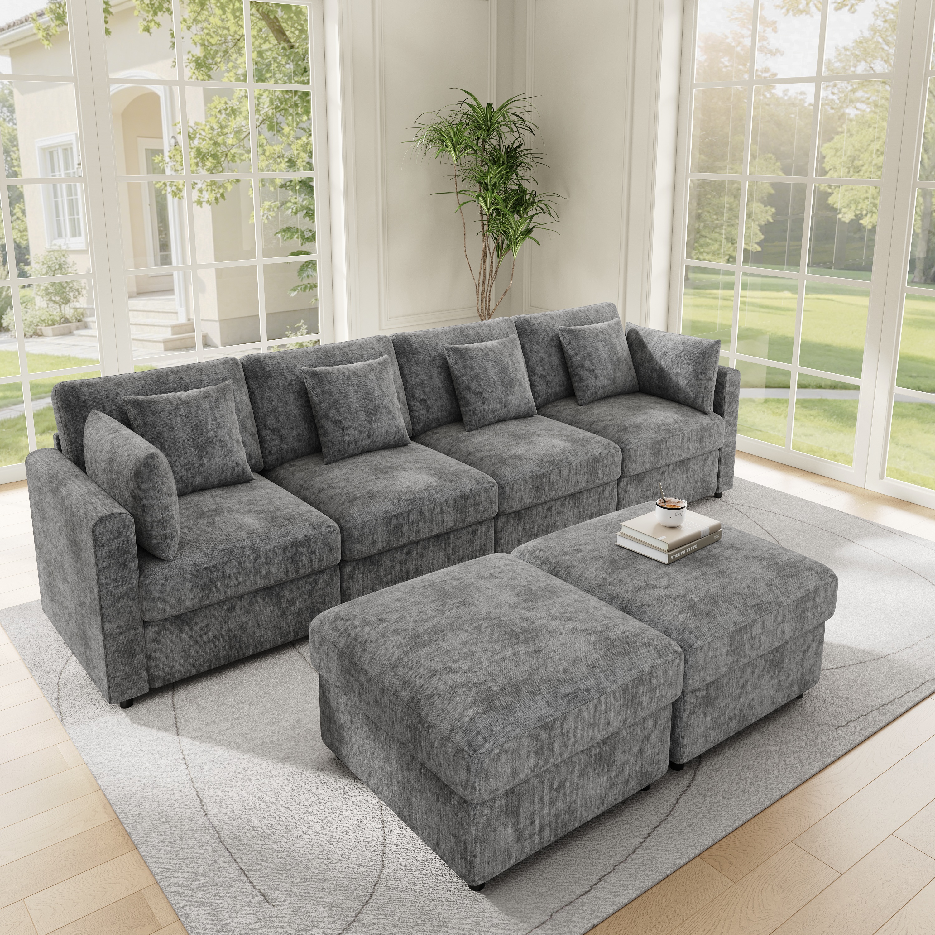 Canapé d'angle modulable 4 à 6 places avec 2 poufs mobiles et accoudoirs réglables 90 120 180 degrés
