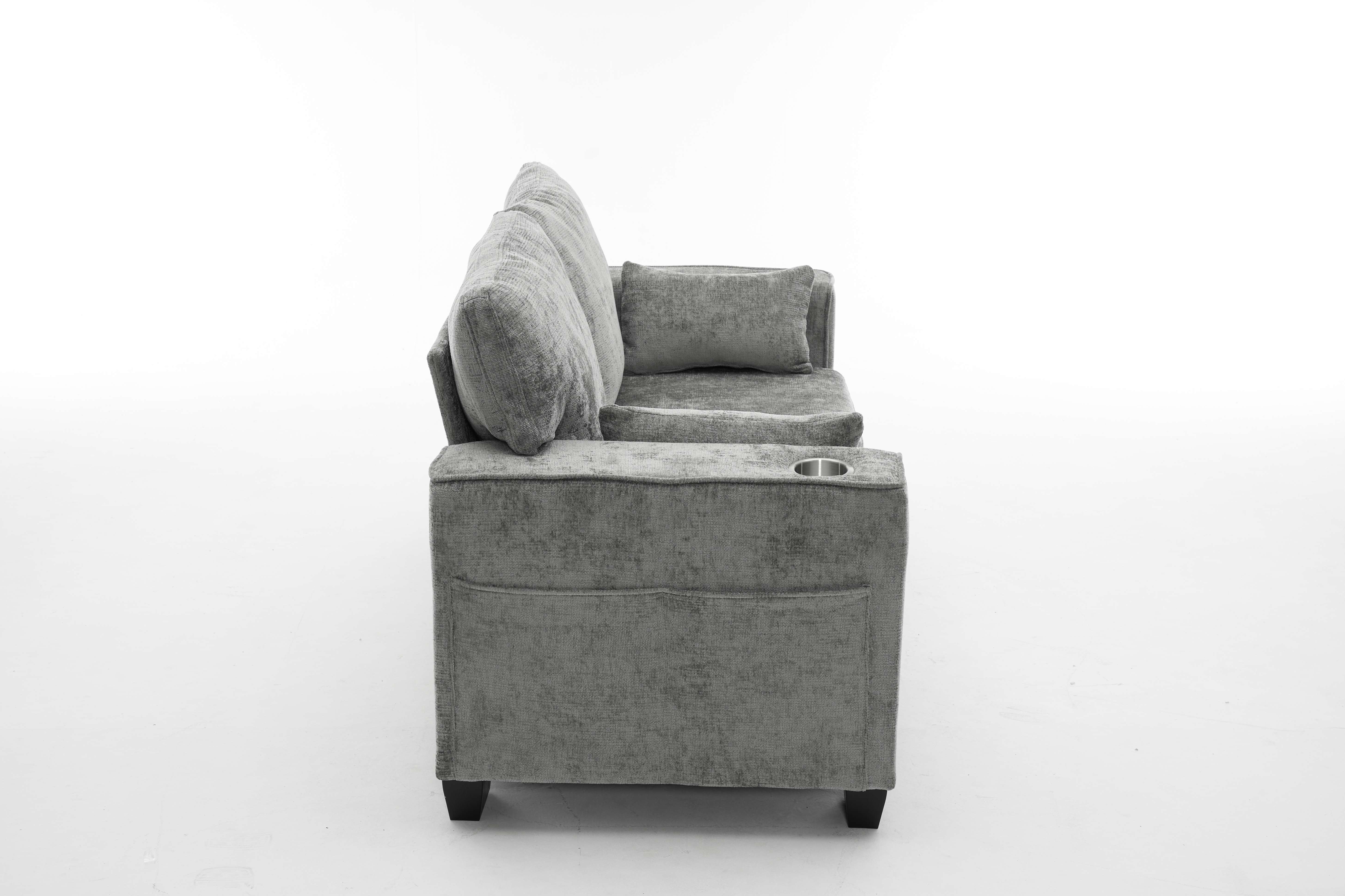 Canapé 2 places en tissu chenille gris foncé, structure bois massif, coussins ressorts ensachés et porte-gobelets intégrés aux accoudoirs pour salon