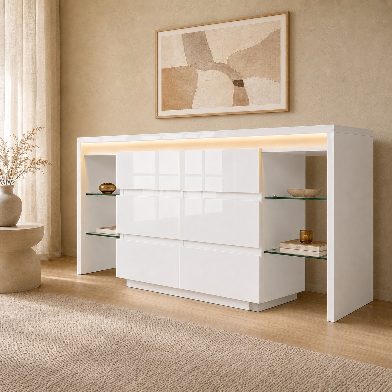 Buffet 155x40x80 cm, Meuble Rangement Large Capacité, 6 Compartiments Tiroirs, 4 Niveaux Verre Transparent
