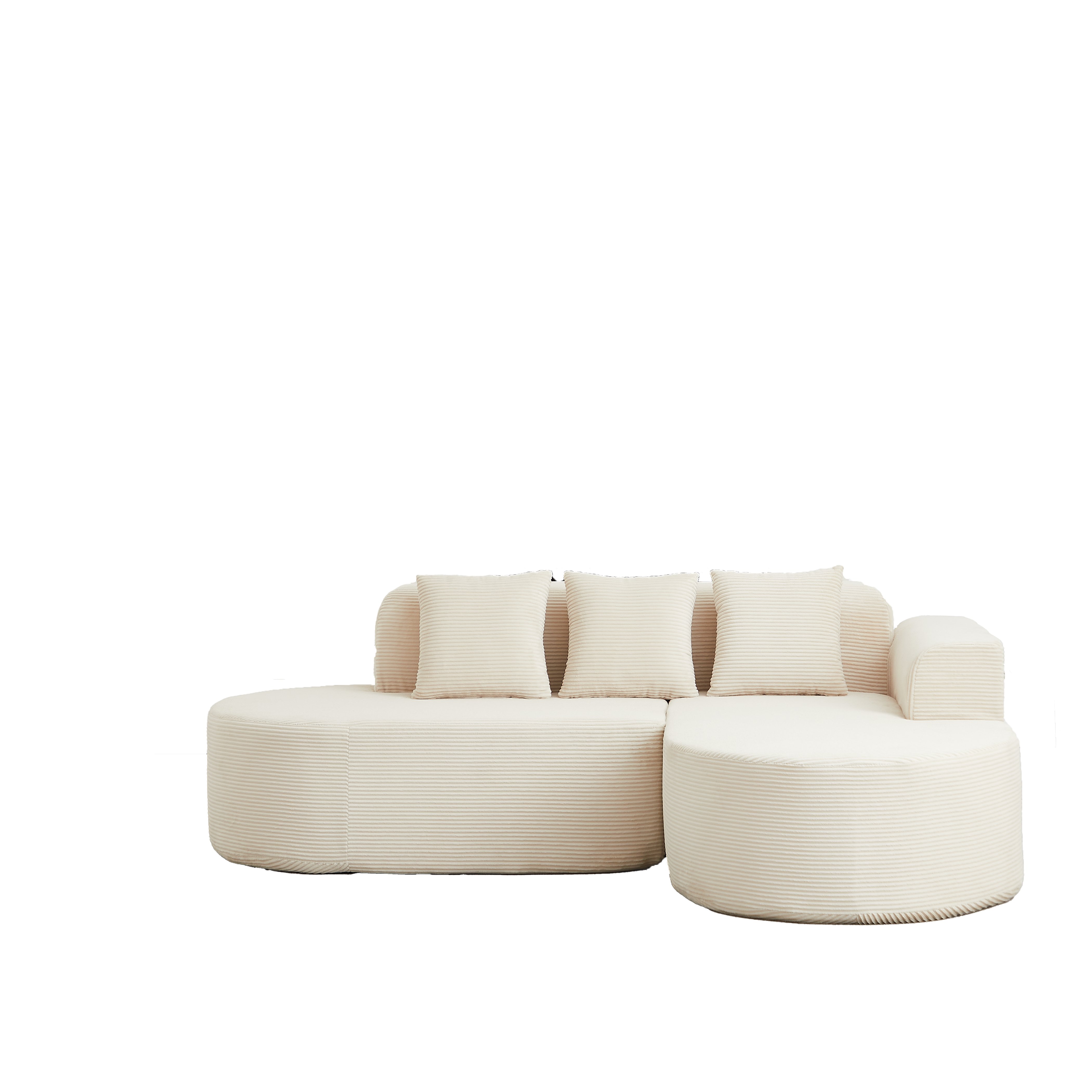 Canapé d'angle beige en velours côtelé avec accoudoirs courbes et 3 coussins, idéal salon, aucune installation nécessaire