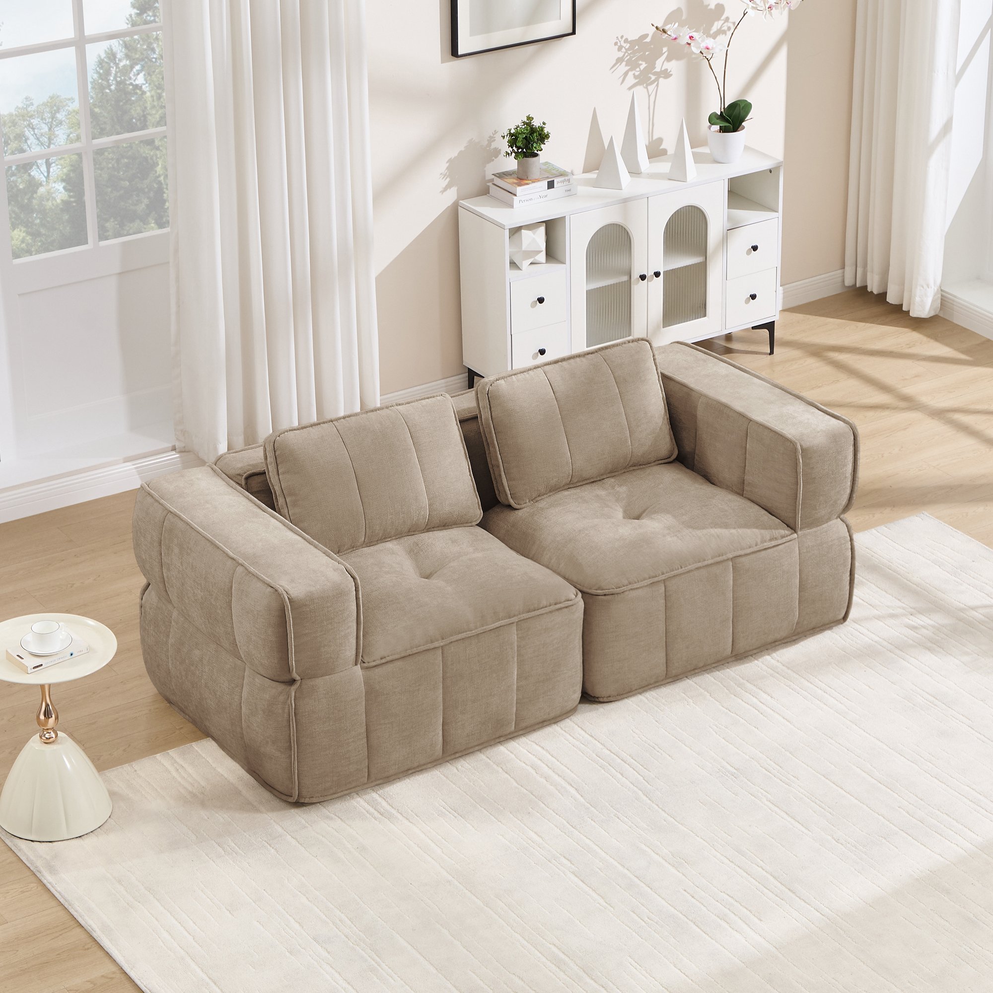 Canapé 2 places modulable sans assemblage, mousse 32D haute résilience, tissu polyester anti-abrasion, style contemporain sable