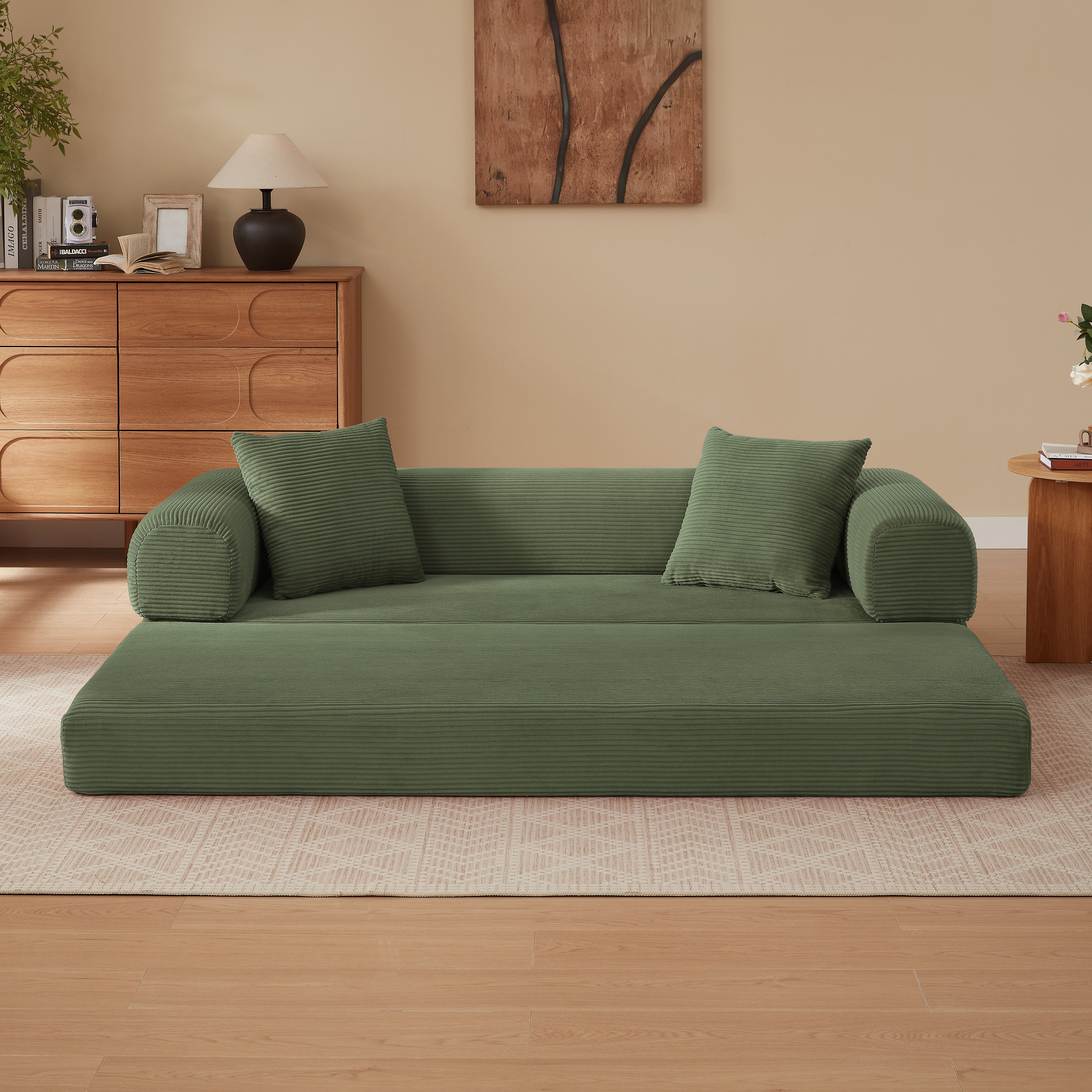 Canapé Convertible Lit 1 Place Vert Avec Rangement Sous le Couchage Tissu Velours Respirant 195 Cm