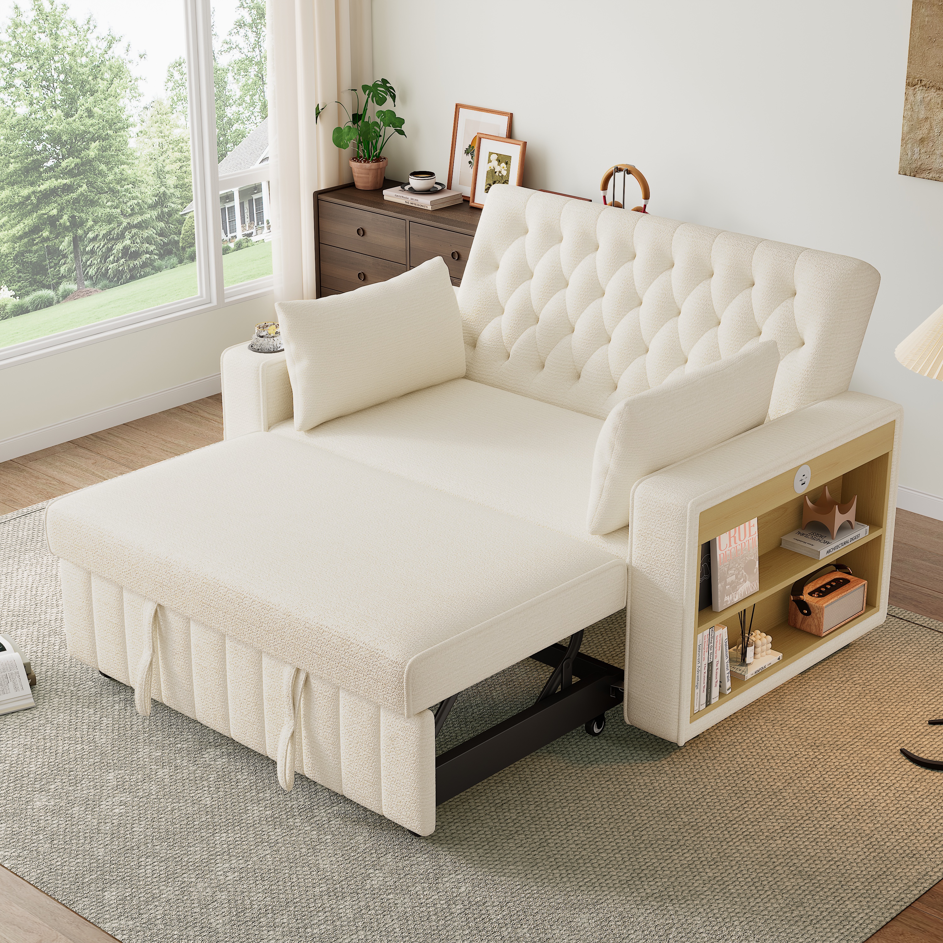 Lit rembourré avec rangement et couchage 2 places, port USB et dossier réglable 3 positions beige
