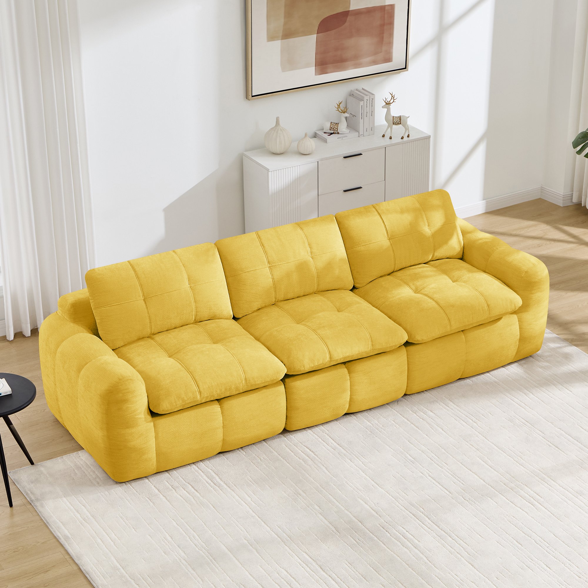 Canapé modulable sans cadre 3 places en chenille jaune avec motif quadrillé, assise ergonomique et coussins épaissis pour un confort durable