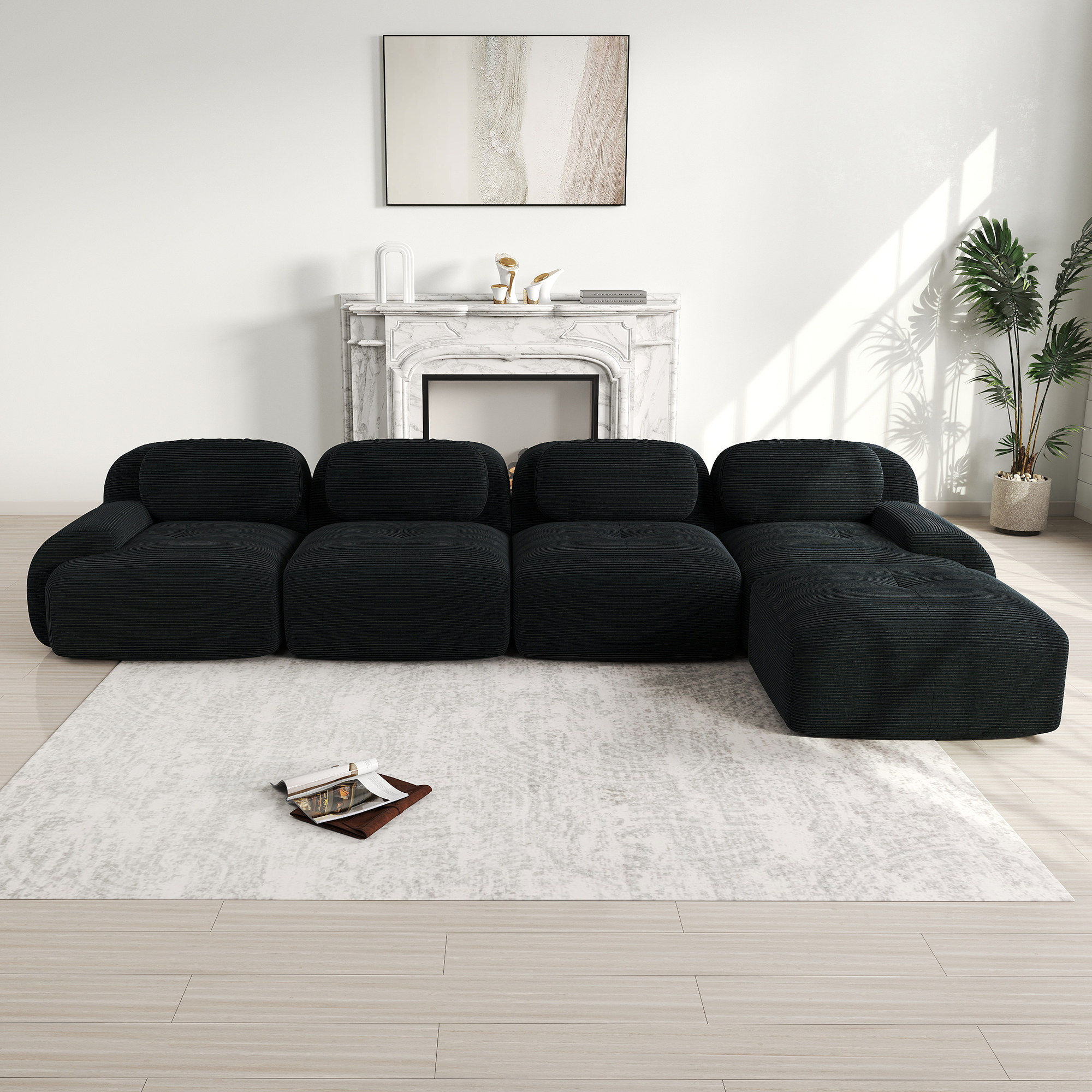 Canapé d'angle 4 places en velours côtelé noir avec méridienne, accoudoirs extra-larges et assise 32D