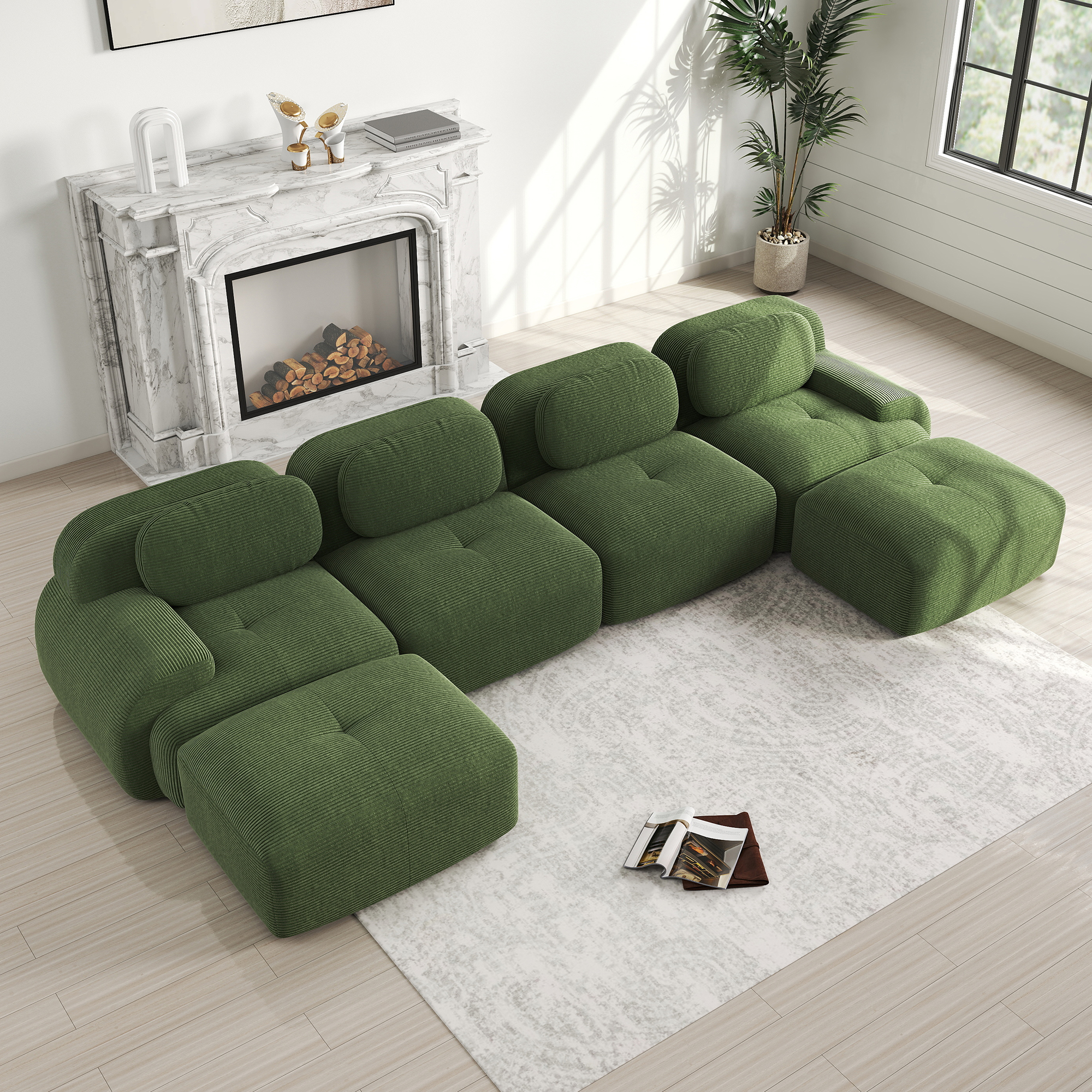 Canapé d'angle modulable sans montage en U vert en velours côtelé avec mousse 32D et 6 colis