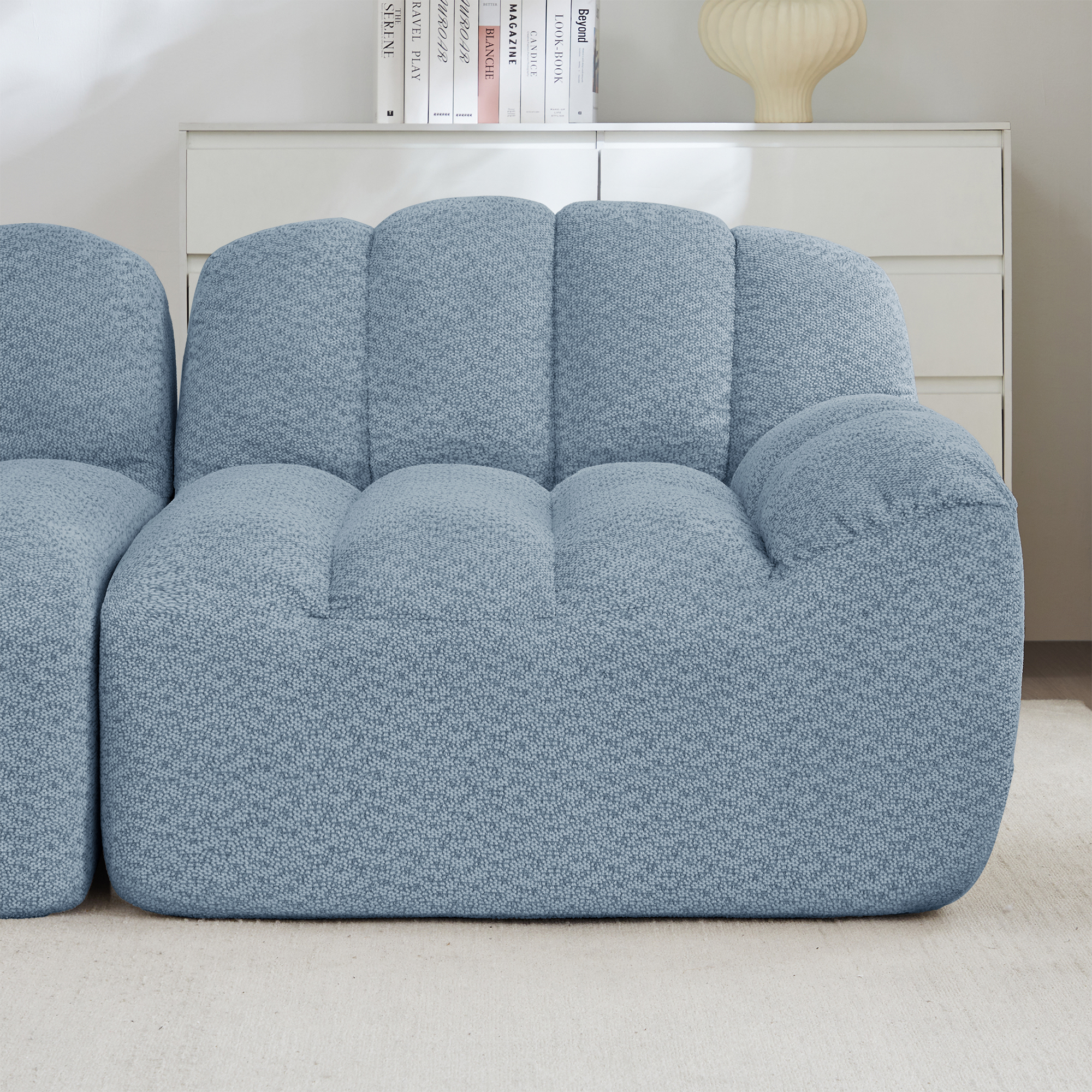 Canapé Modulable Bleu Sans Montage, Structure Ergonomique Profonde Avec Tiroir Intégré, Granular Fleece Doux Et Résistant