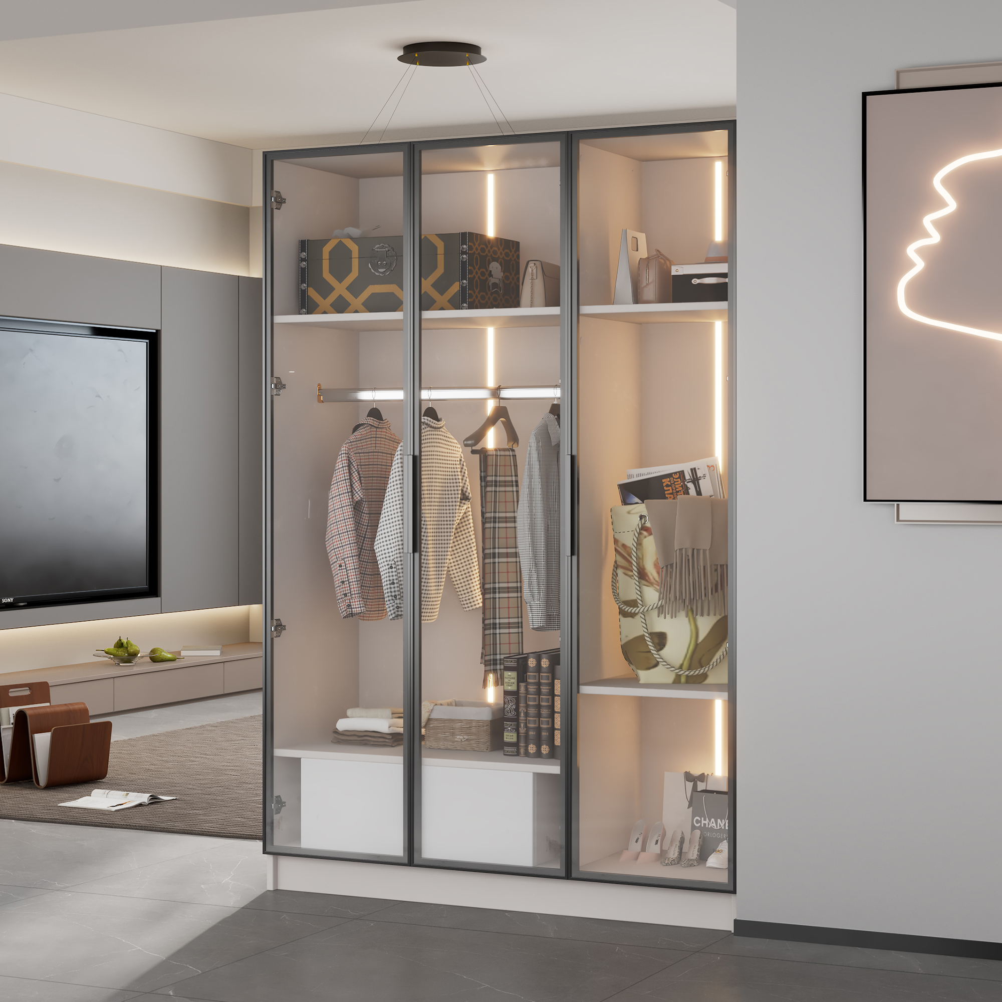 Armoire Blanche Panneaux de Particules, 3 Portes Verre Transparent, Tiroir Intégré, Penderie, Charpente Solide, 110x50x160 cm
