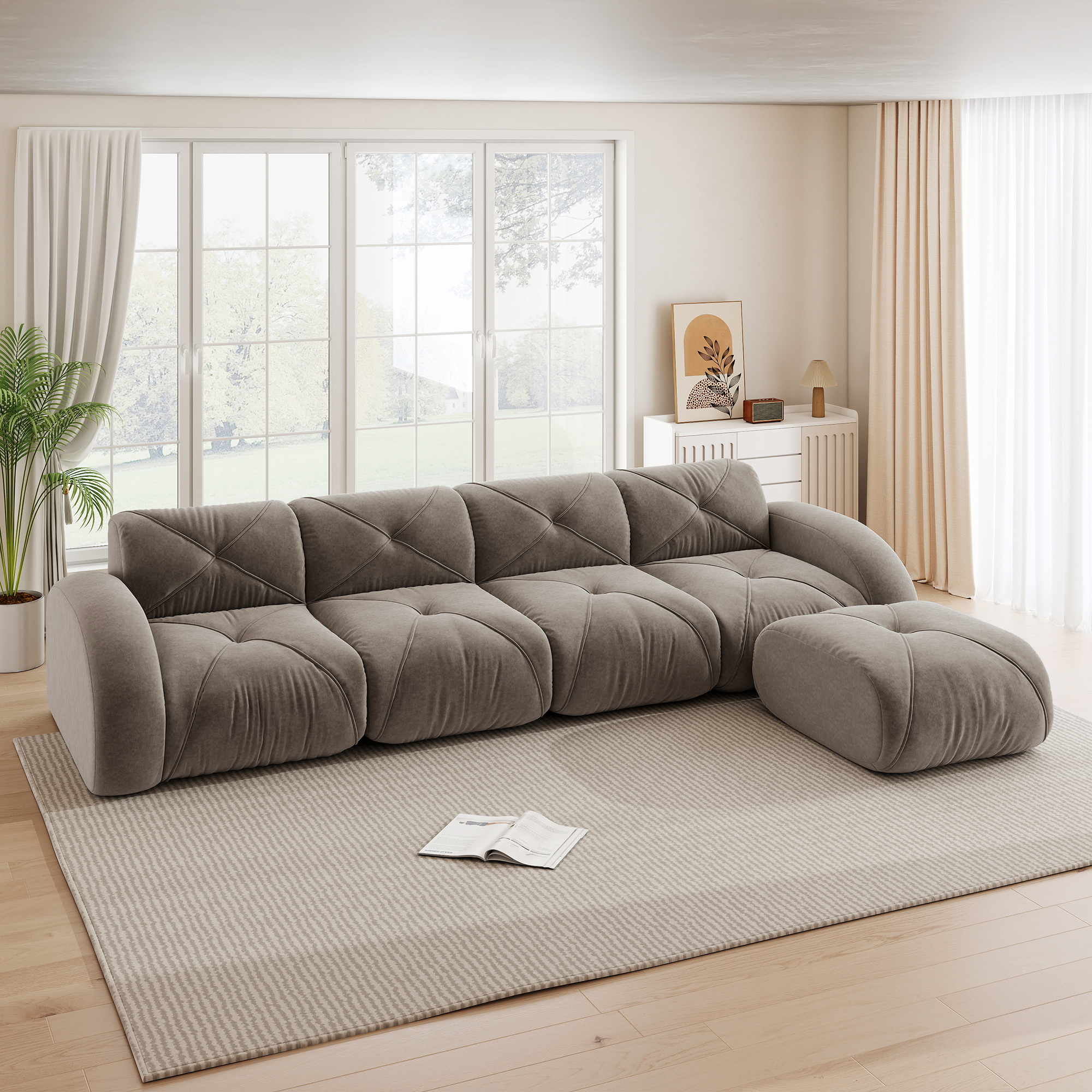 Fauteuil Canapé d'angle Modulable 4 Places en Tissu Chenille Taupe avec Repose-Pieds Intégré et Design Sans Dossier Moderne