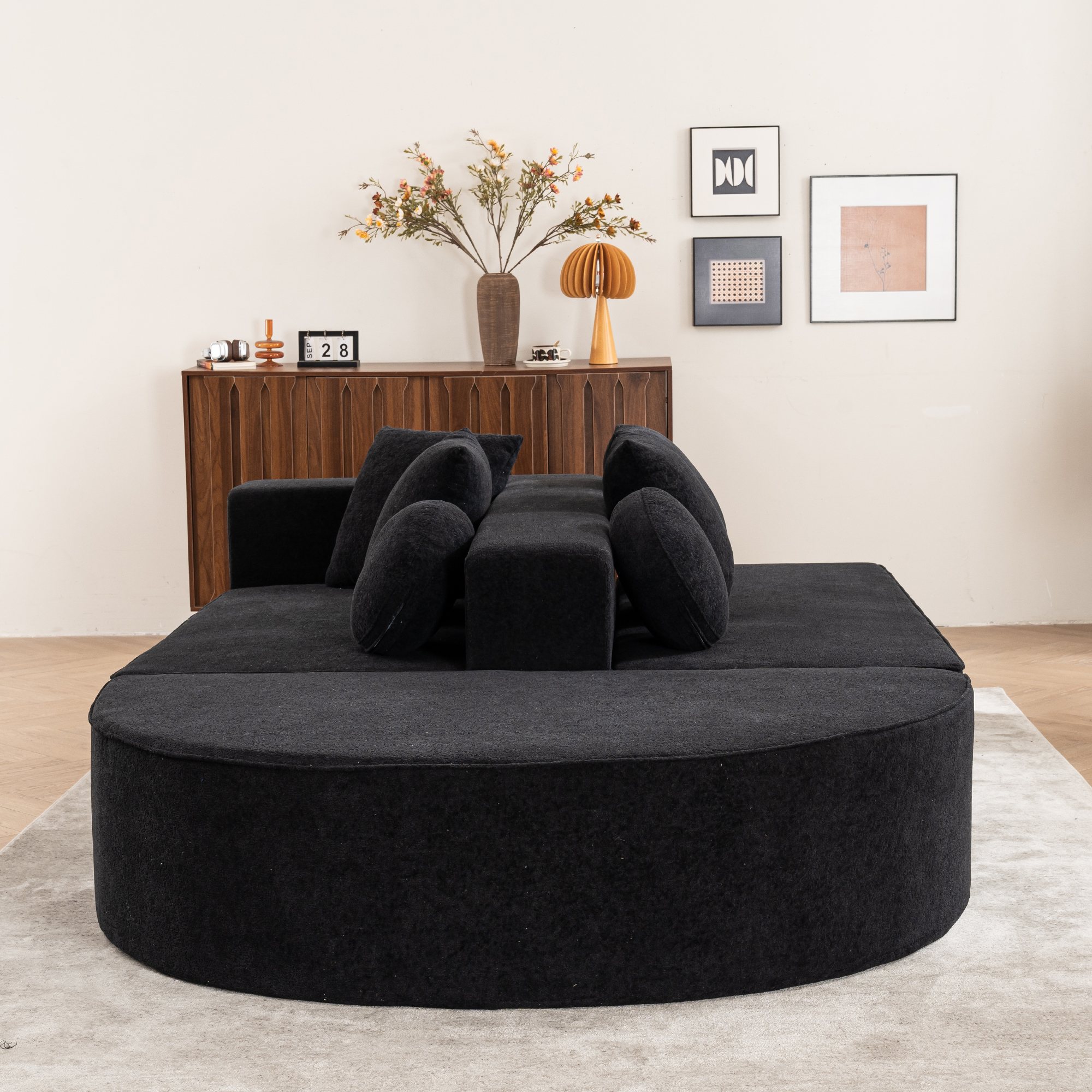 Canapé Modulable en Chenille Noire - Structure Modulaire Flexible avec Coussins et Accoudoirs Large pour Intérieur