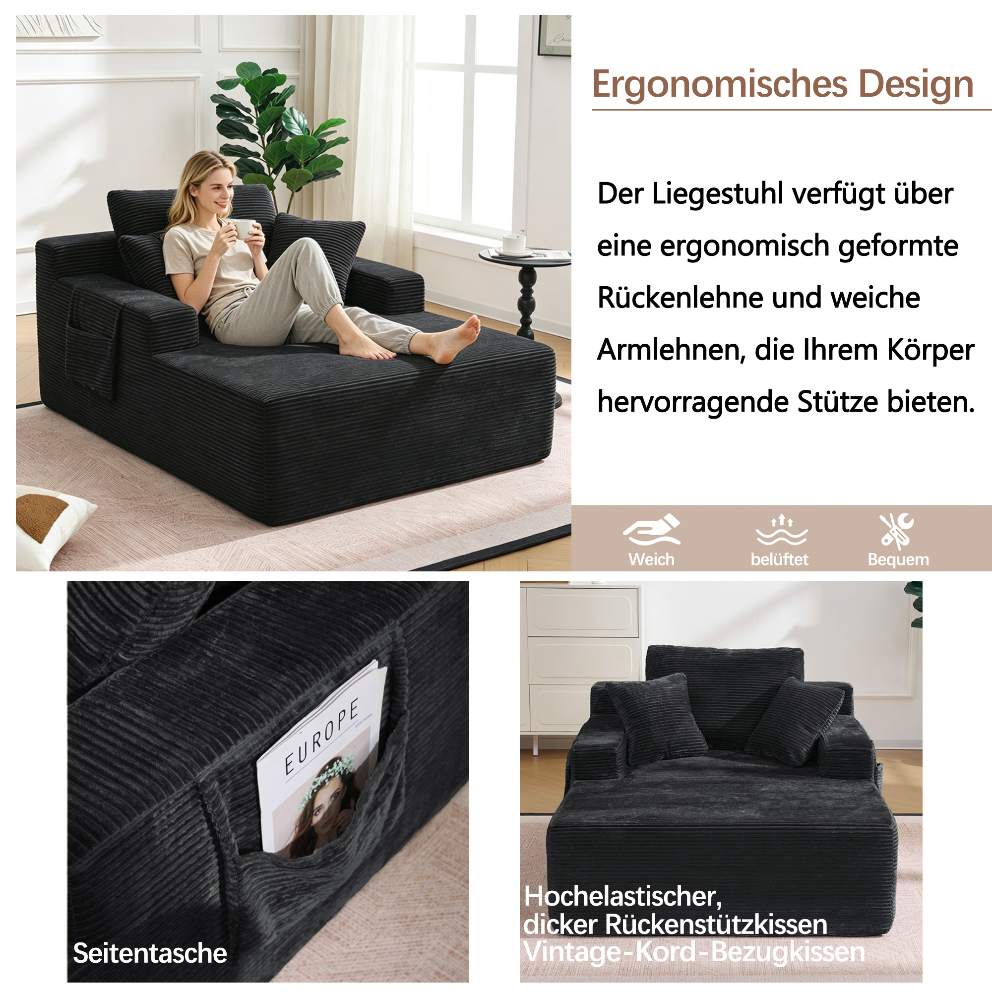 Canapé droit avec rangements intégrés dans les accoudoirs, coussins rembourrés haute densité, style rétro noir, prêt à utiliser