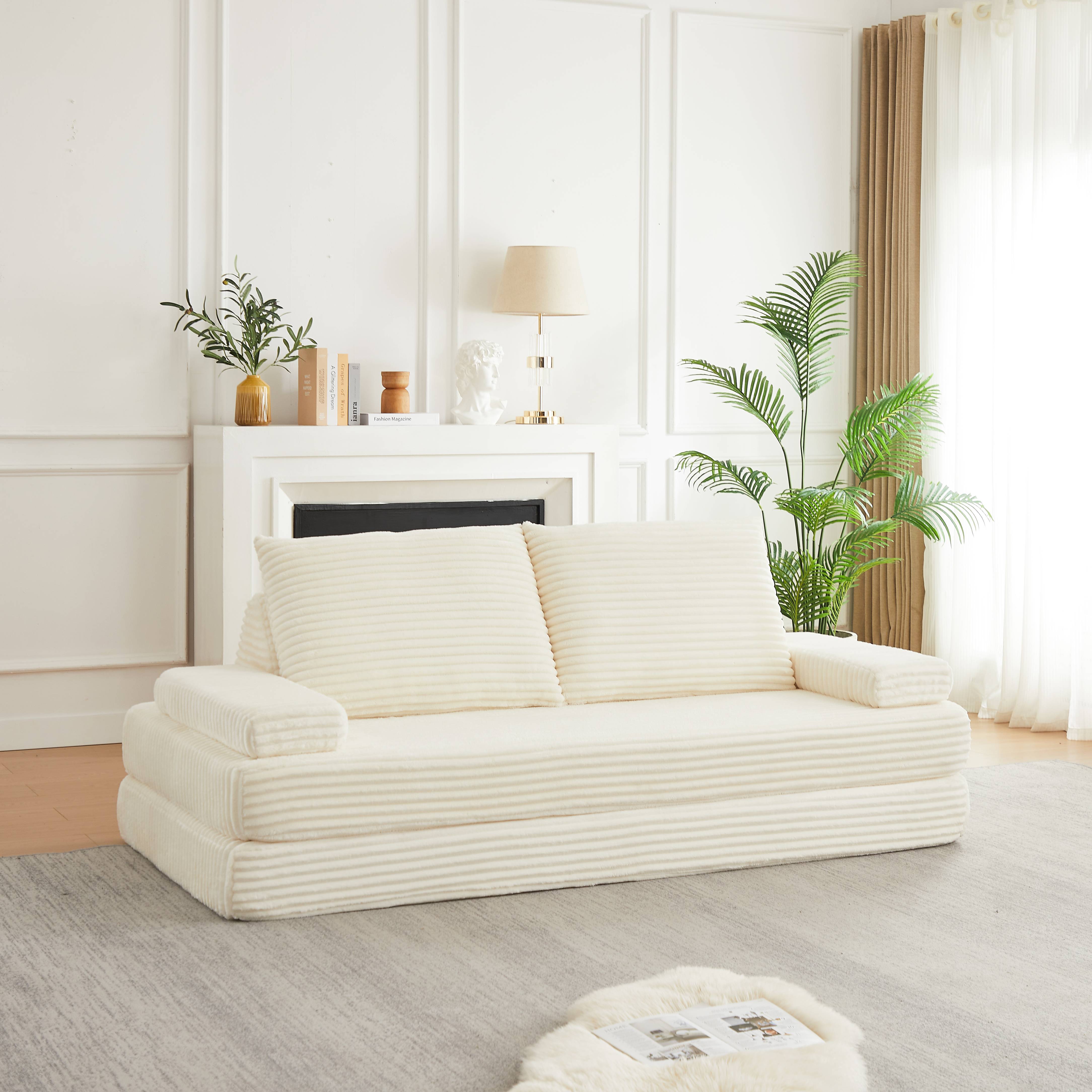 Canapé convertible beige en velours côtelé, dossier triangulaire et accoudoirs amovibles, structure modulaire sans cadre rigide, dimensions 211x107x62 cm, mousse haute densité