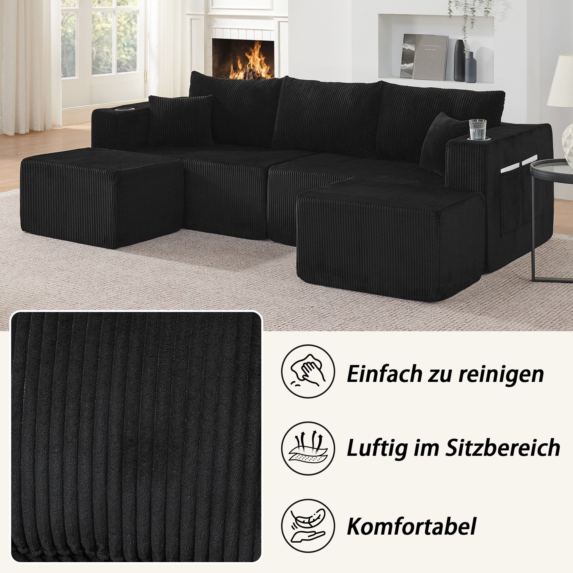 Canapé d'angle modulable 3 places noir en tissu côtelé avec poufs mobiles, porte-gobelets et poches de rangement intégrées