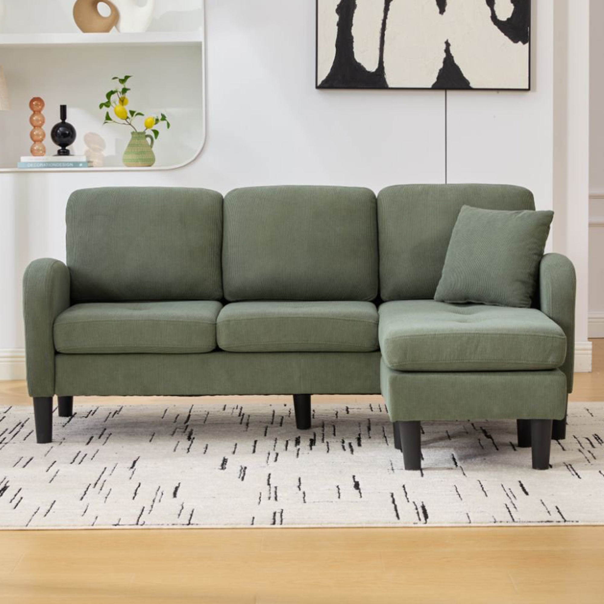 Canapé d'angle compact 3 places avec méridienne réversible en tissu respirant vert pour petit salon