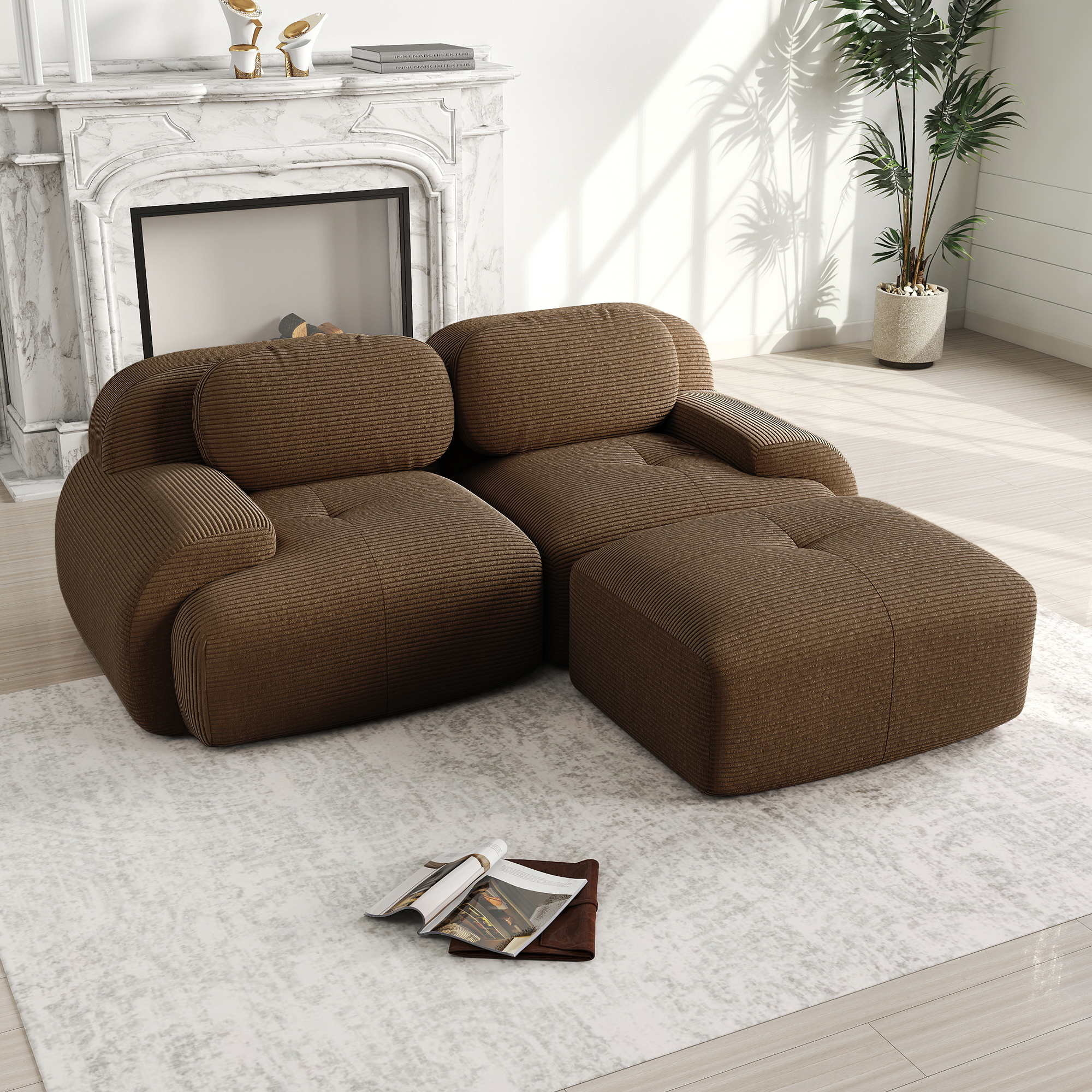 Canapé d'angle en cordonnet marron avec armrests courbés et structure sans cadre en mousse 32D