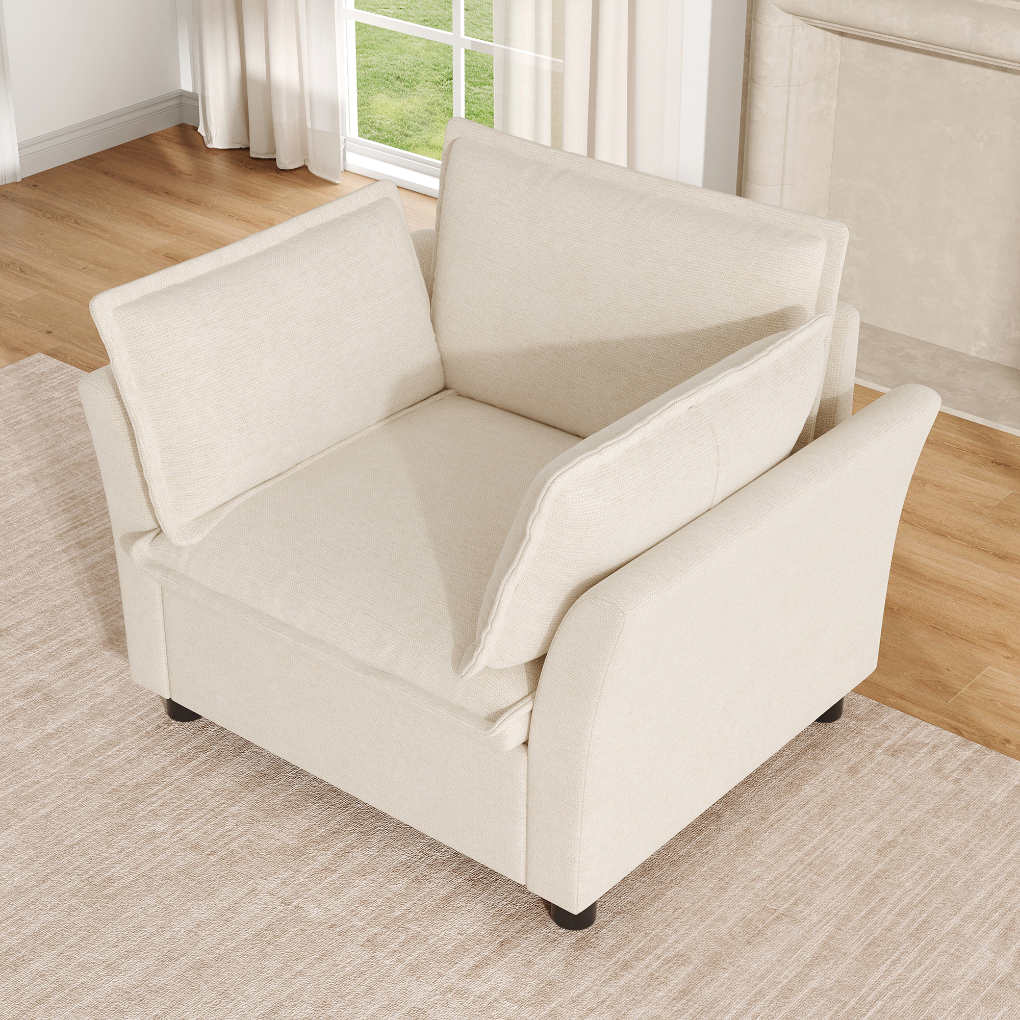 Canapé 1 place en tissu chenille beige, structure métal et bois massif avec coussins amovibles
