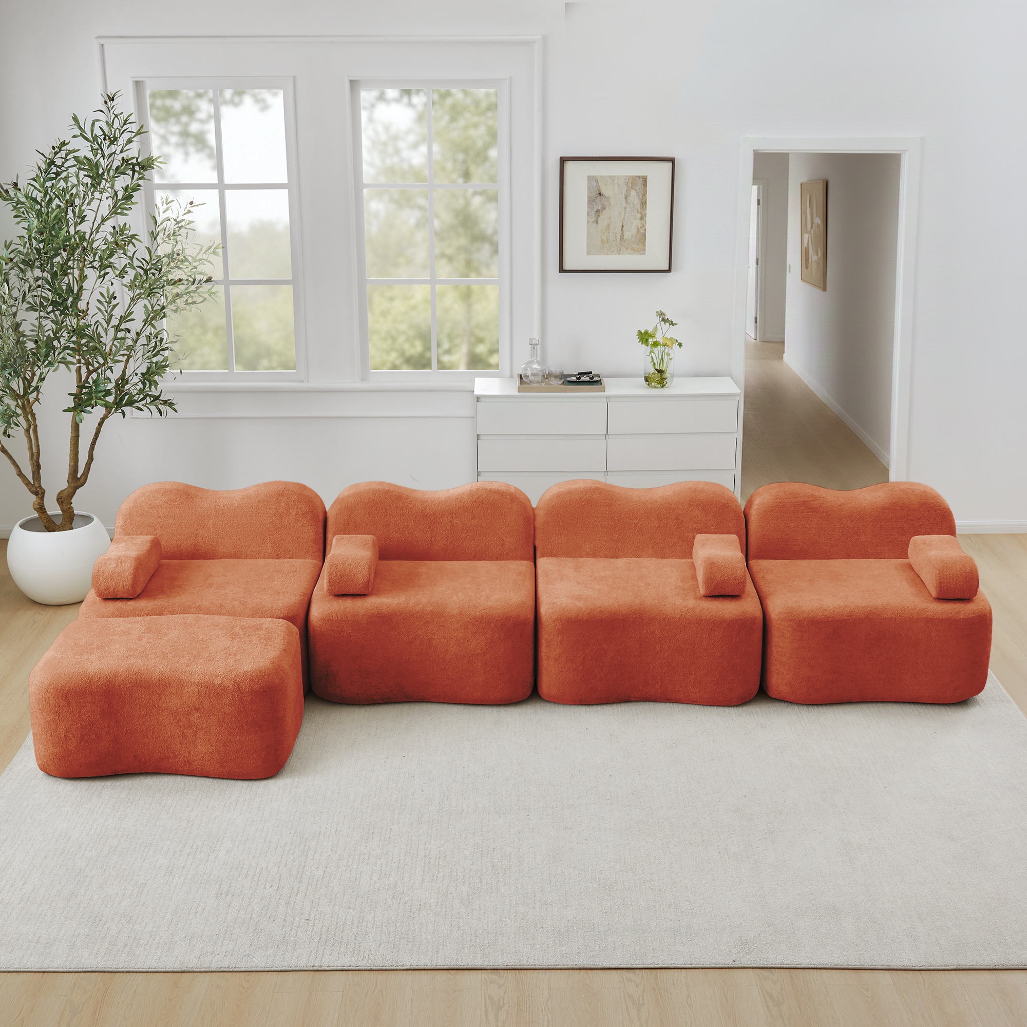 Canapé Modulable Tissu Velours Doux Résistant Structure Stable Modules Flexibles Orange Dimensions 384 Cm
