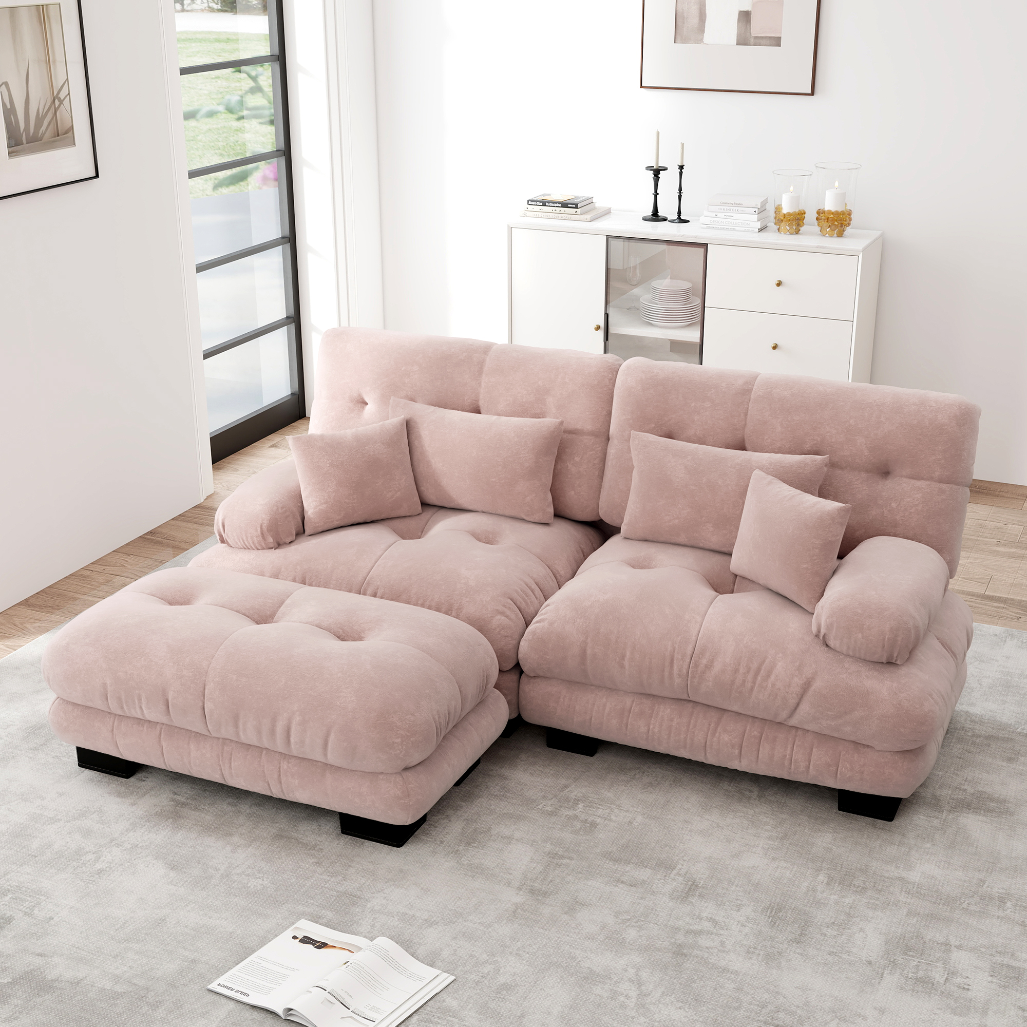 Canapé d'angle 4 places en tissu chenille rose avec accoudoirs larges et ottoman mobile pour salon
