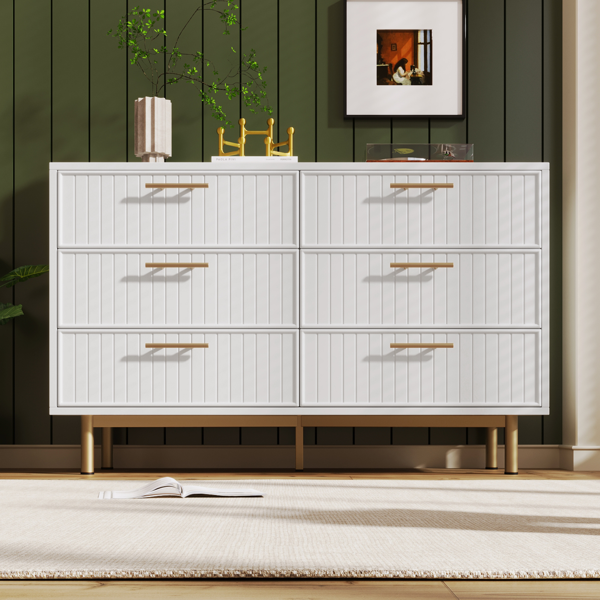 Buffet Blanc 6 Tiroirs Intérieur Crème Pieds Métal Dorés Design À Rainures Pour Chambre Et Salon Meuble Moderne 120x75 Cm