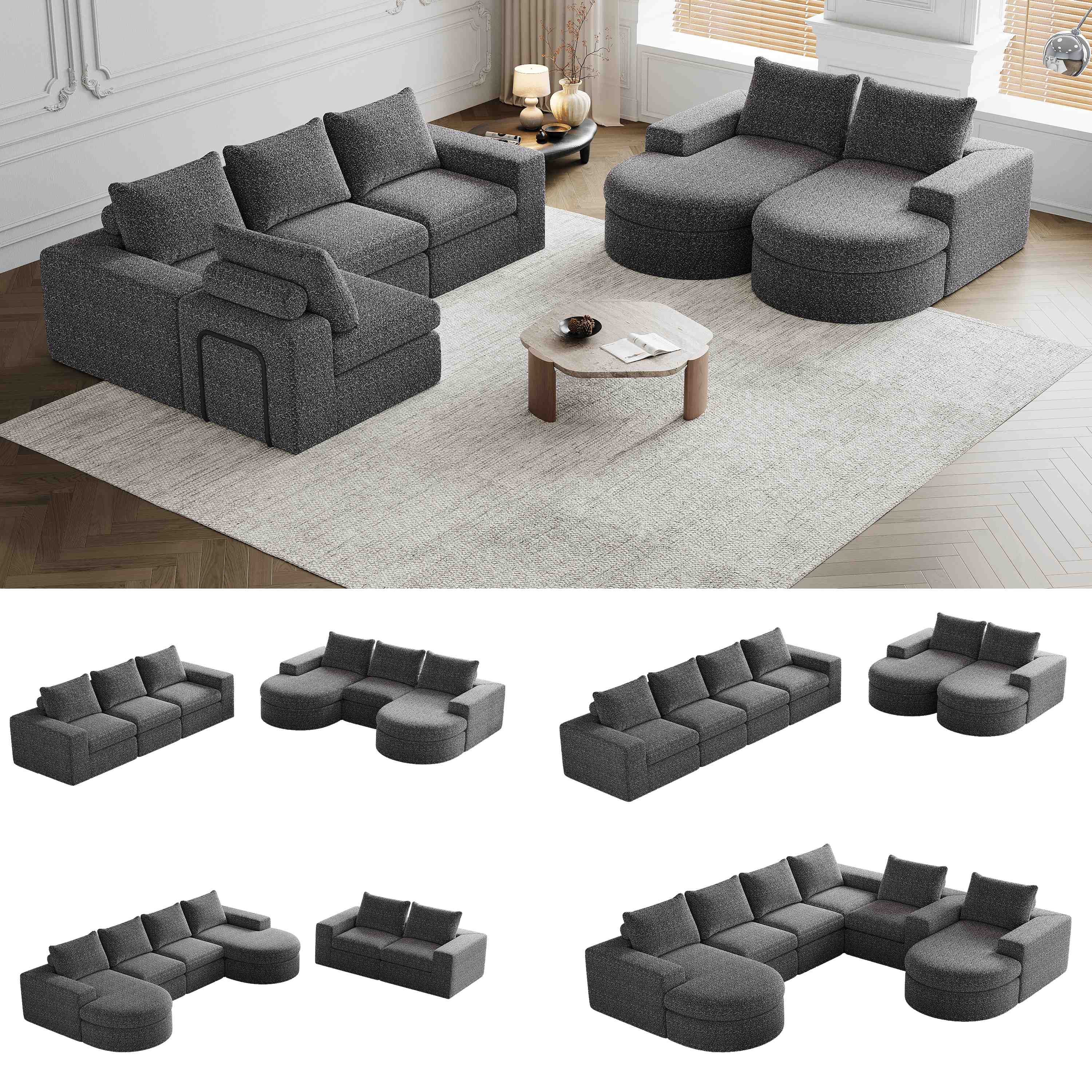 Canapé En Tissu Chenille Gris Structure Sans Cadre Visible Rembourrage Mousse Haute Densité 250x160x80 Cm Livré Compressé En 2 Colis
