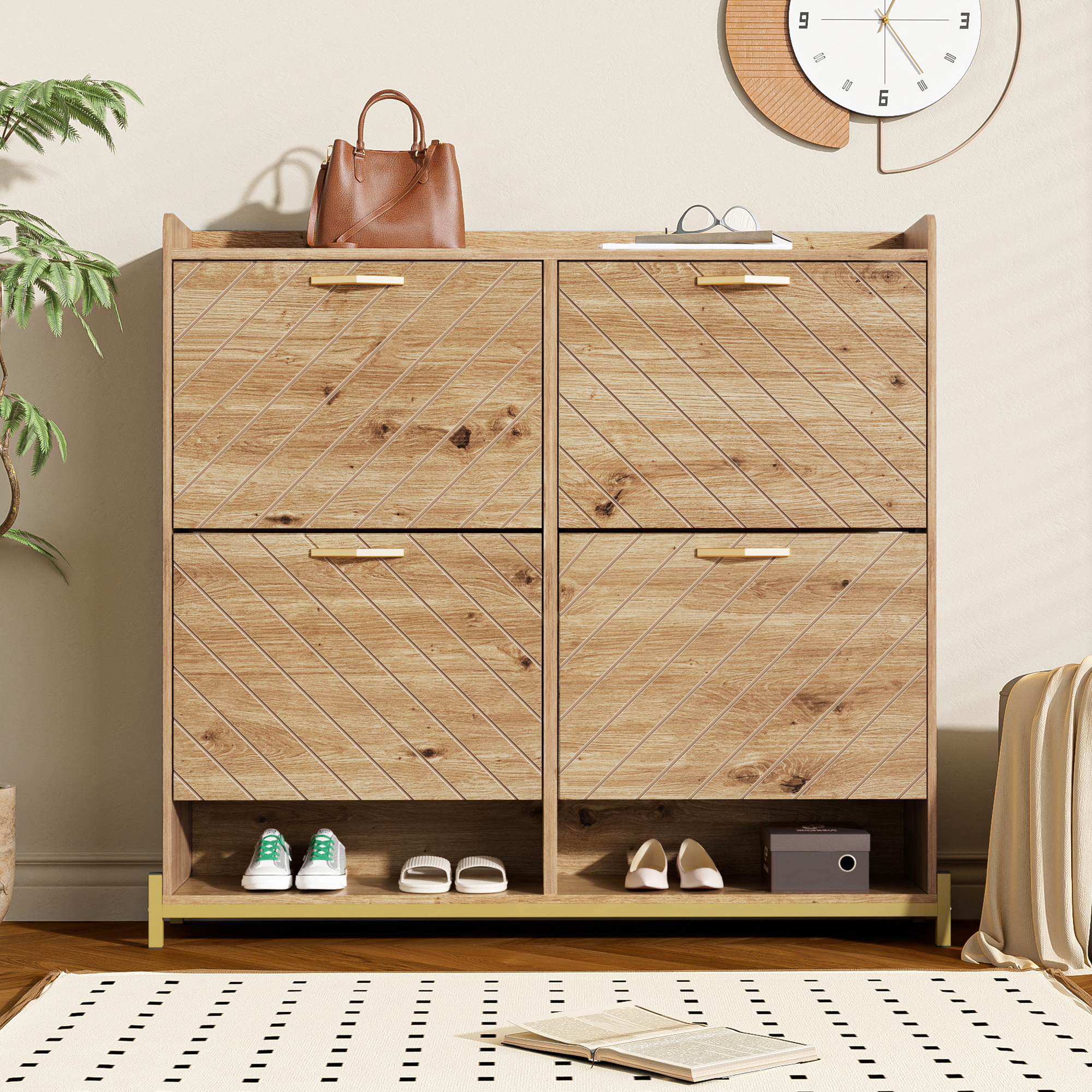 Meuble à chaussures 4 portes en Panneau composite de fibres de bois à densité effet bois, placard rangement chaussures pour entrée, dimensions 108,5 x 24 x 100 cm