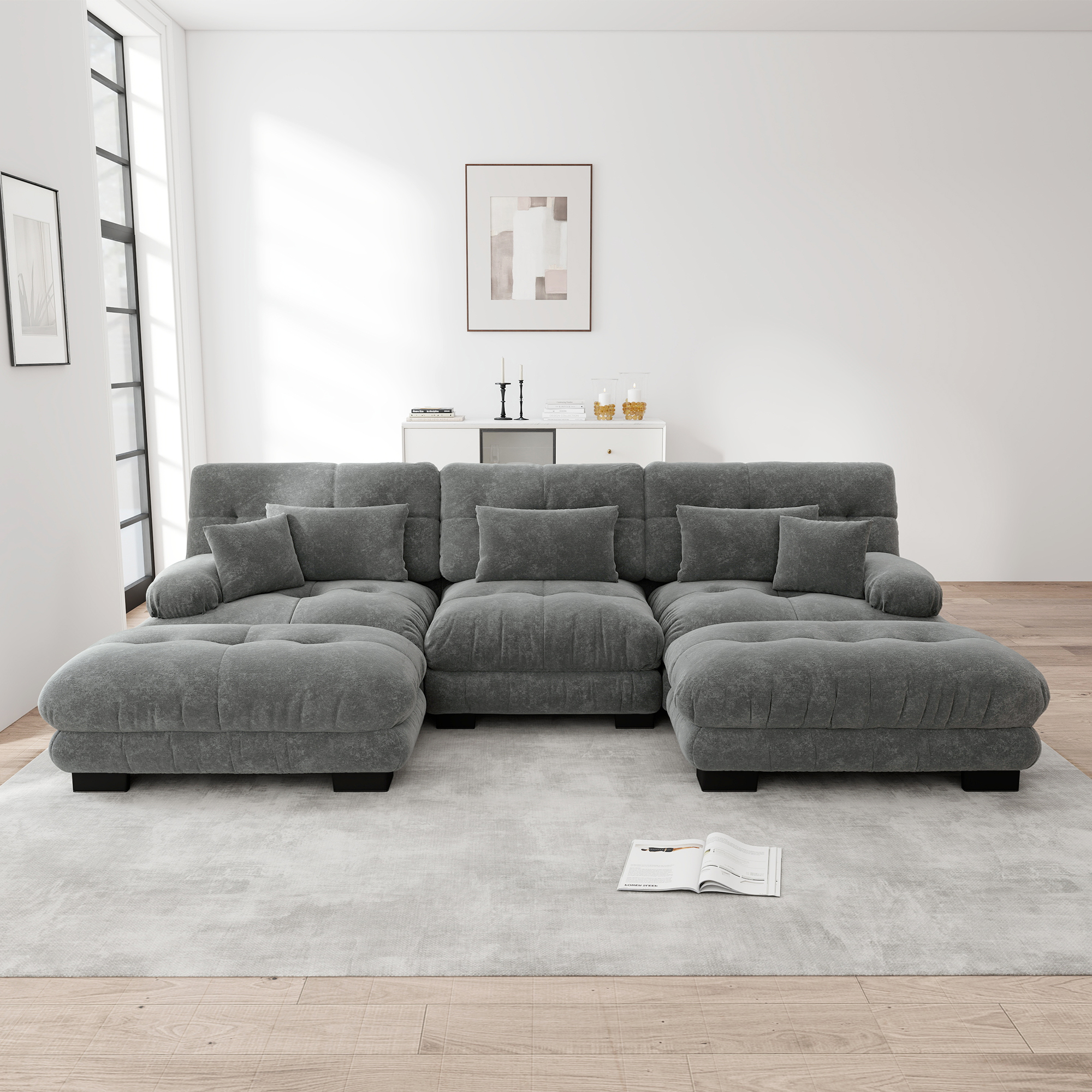 Canapé d'angle en chenille gris 6 places avec assise profonde et ottomans modulables