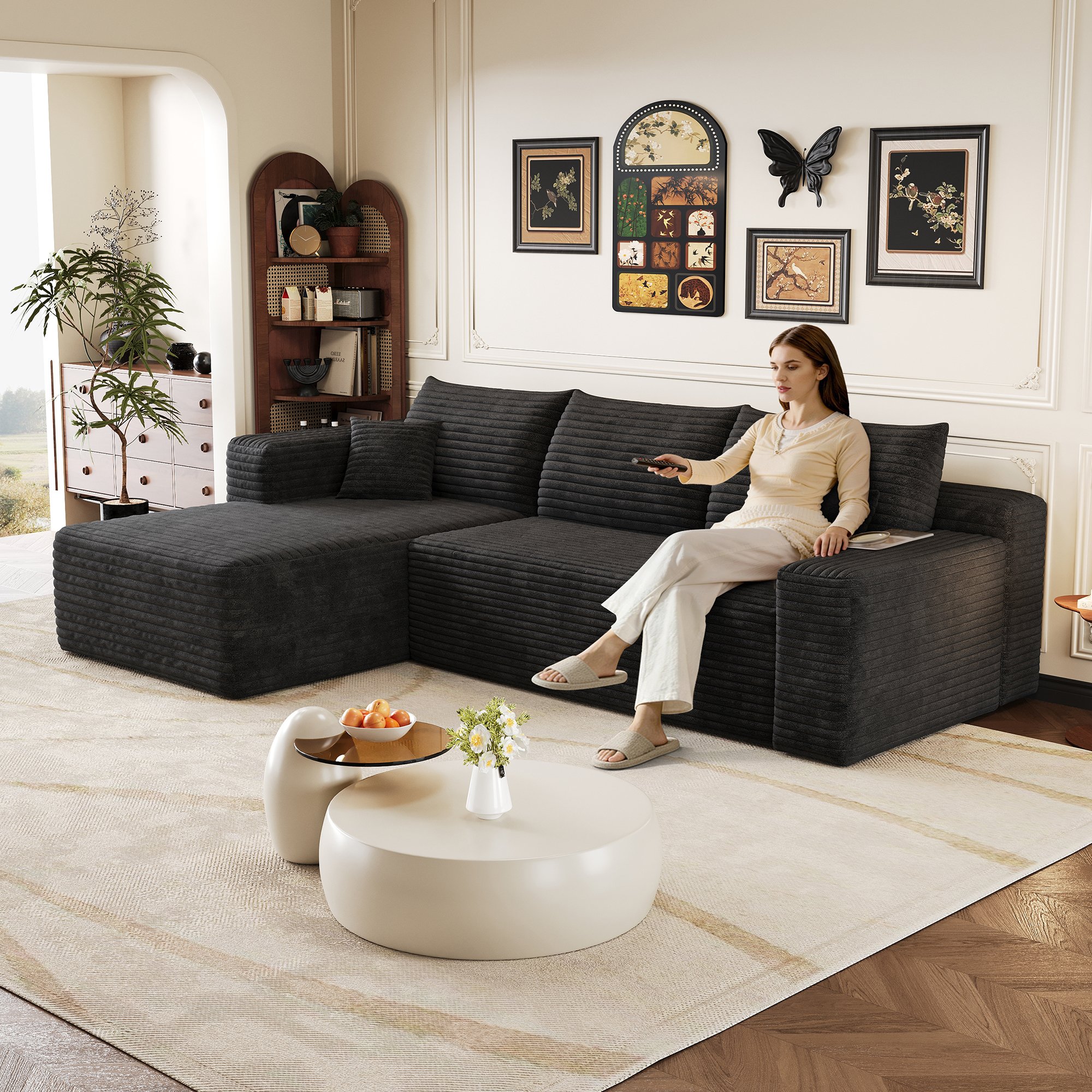 Canapé d'angle noir en tissu côtelé avec rembourrage mousse, structure L-forme de 241x151x58 cm, style nuage moderne pour le salon