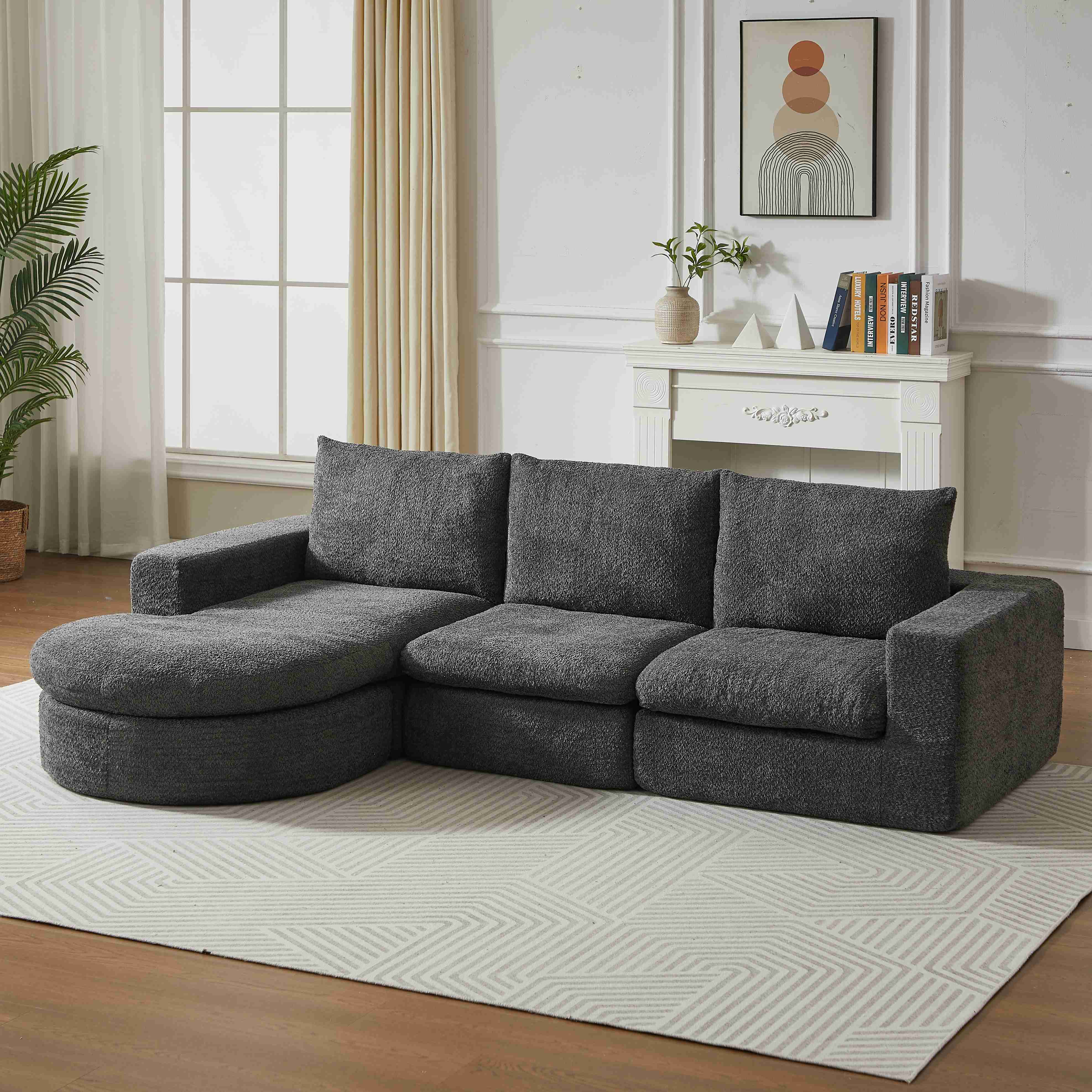 Canapé En Tissu Chenille Gris Structure Sans Cadre Visible Rembourrage Mousse Haute Densité 250x160x80 Cm Livré Compressé En 2 Colis